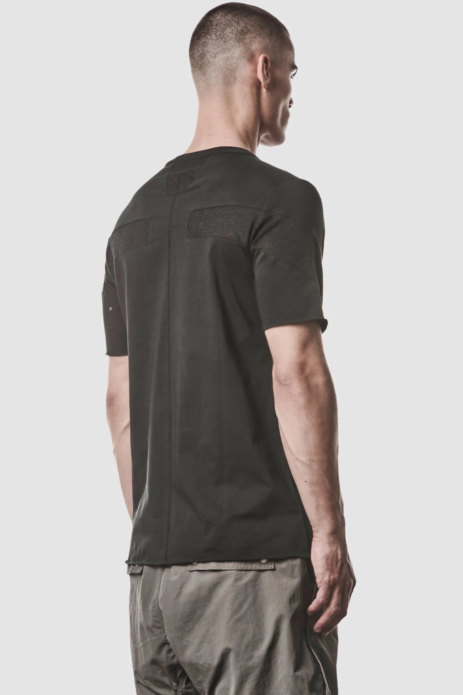 Thom Krom - model back side view of men’s Black Shoulder Panel Cotton T-Shirt