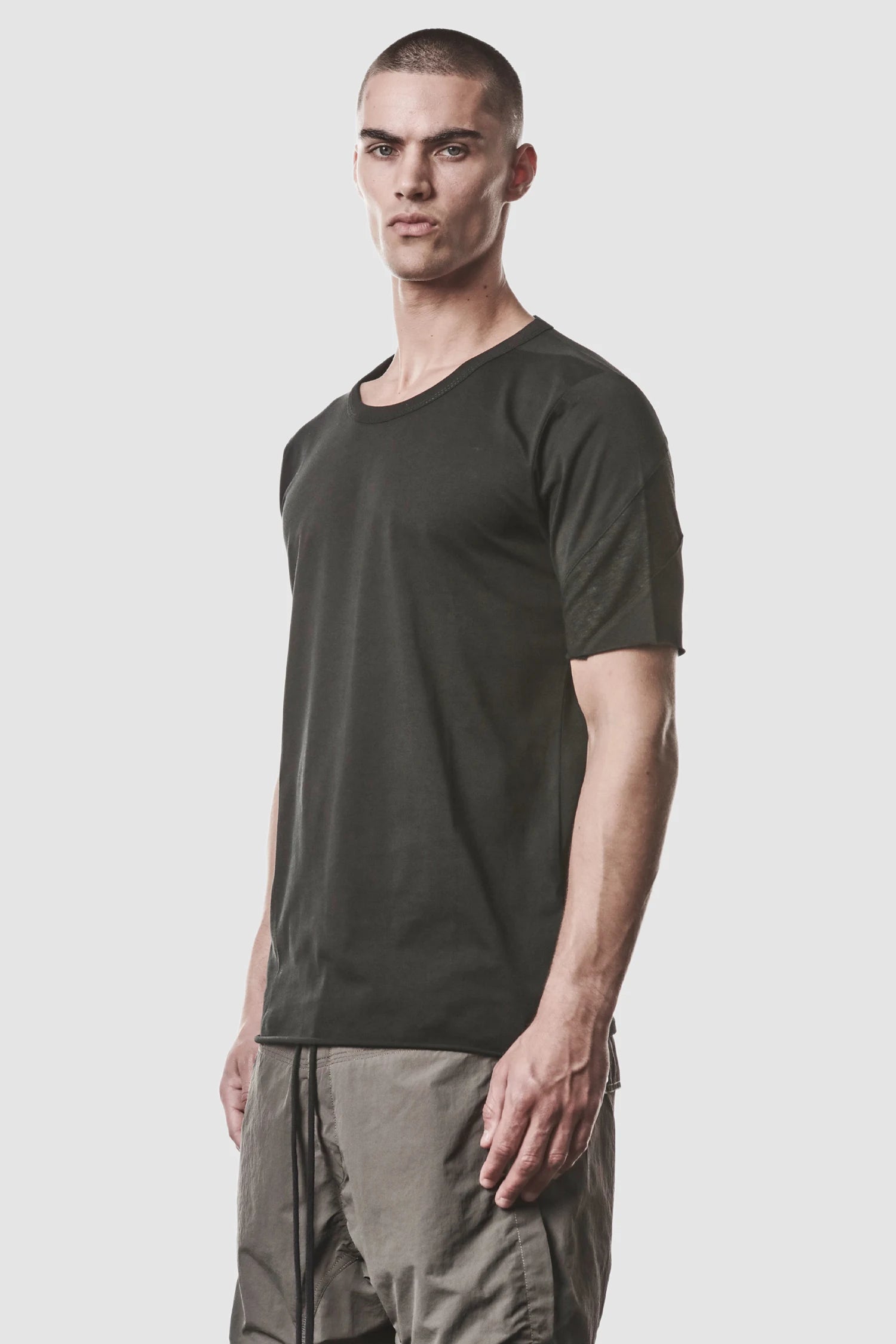 Thom Krom - model front side view of men’s Black Shoulder Panel Cotton T-Shirt
