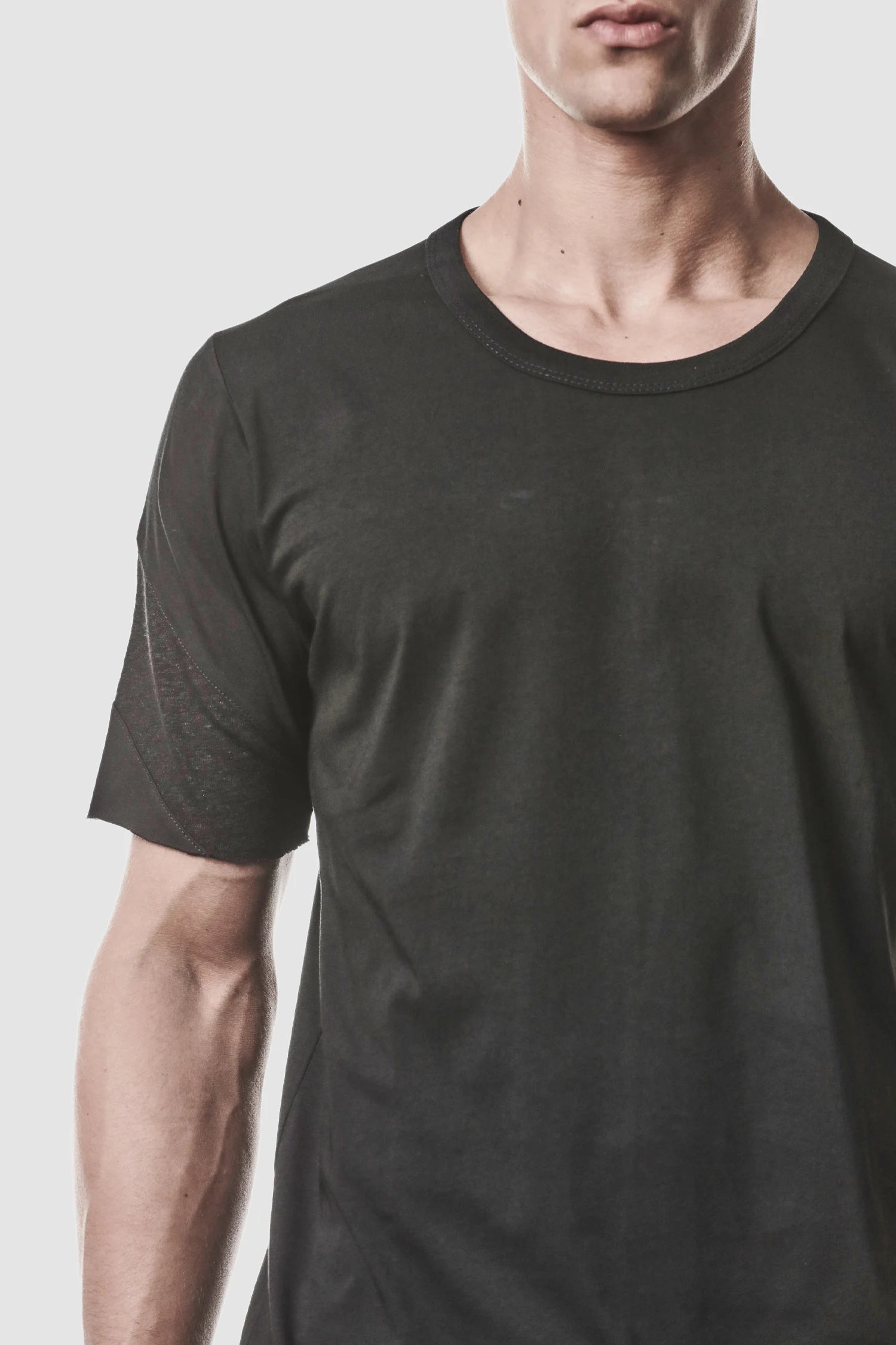 Thom Krom - model front detail view of men’s Black Shoulder Panel Cotton T-Shirt