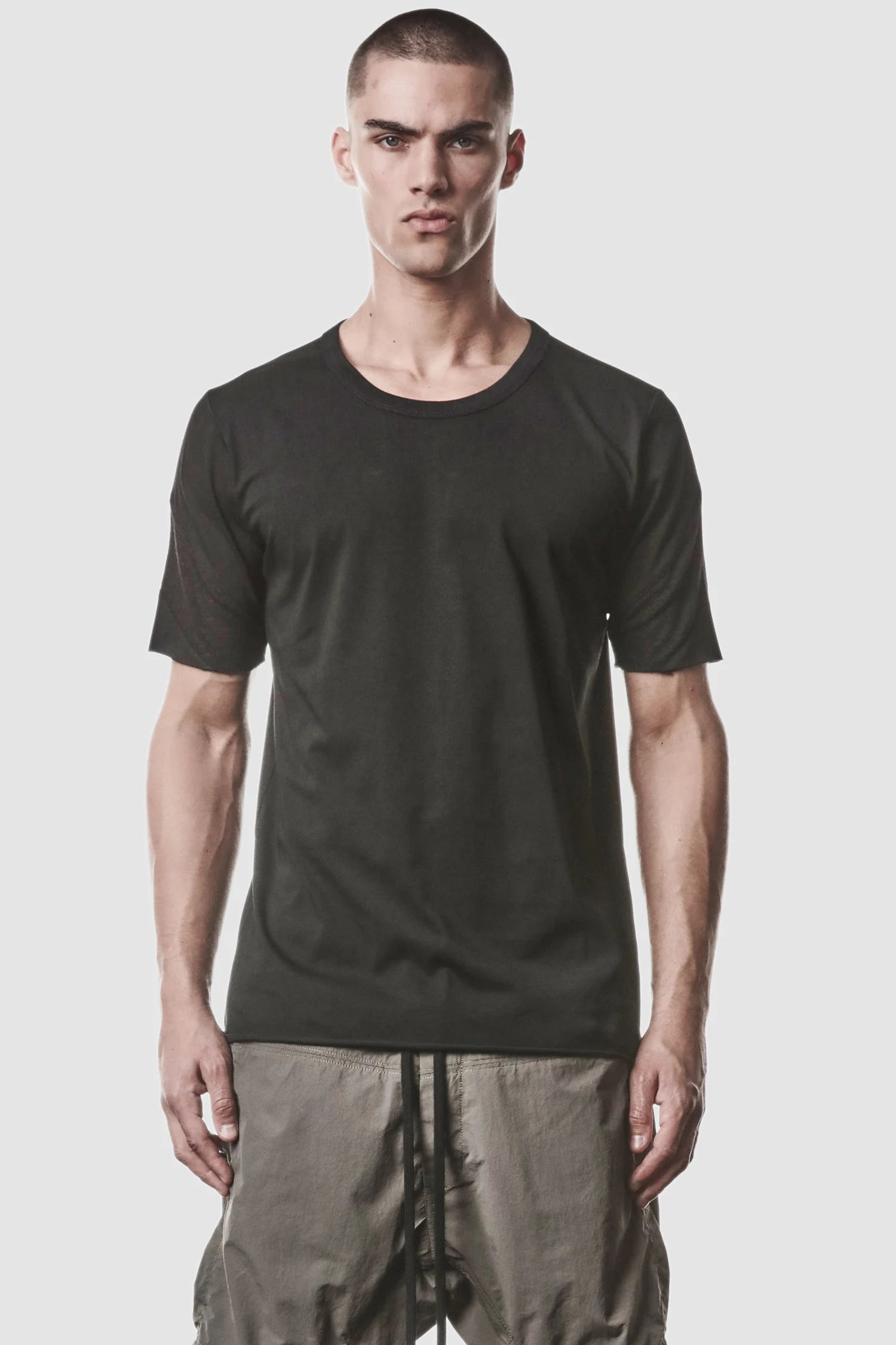 Thom Krom - model front view of men’s Black Shoulder Panel Cotton T-Shirt