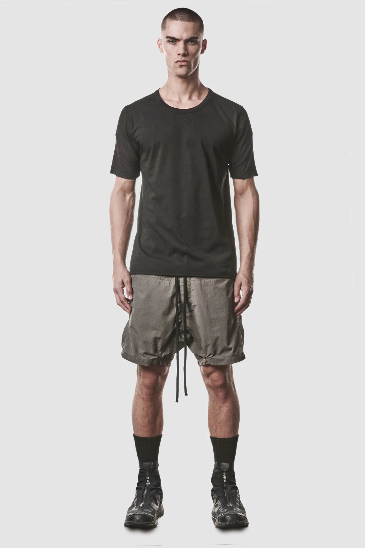 Thom Krom - model front full view of men’s Black Shoulder Panel Cotton T-Shirt