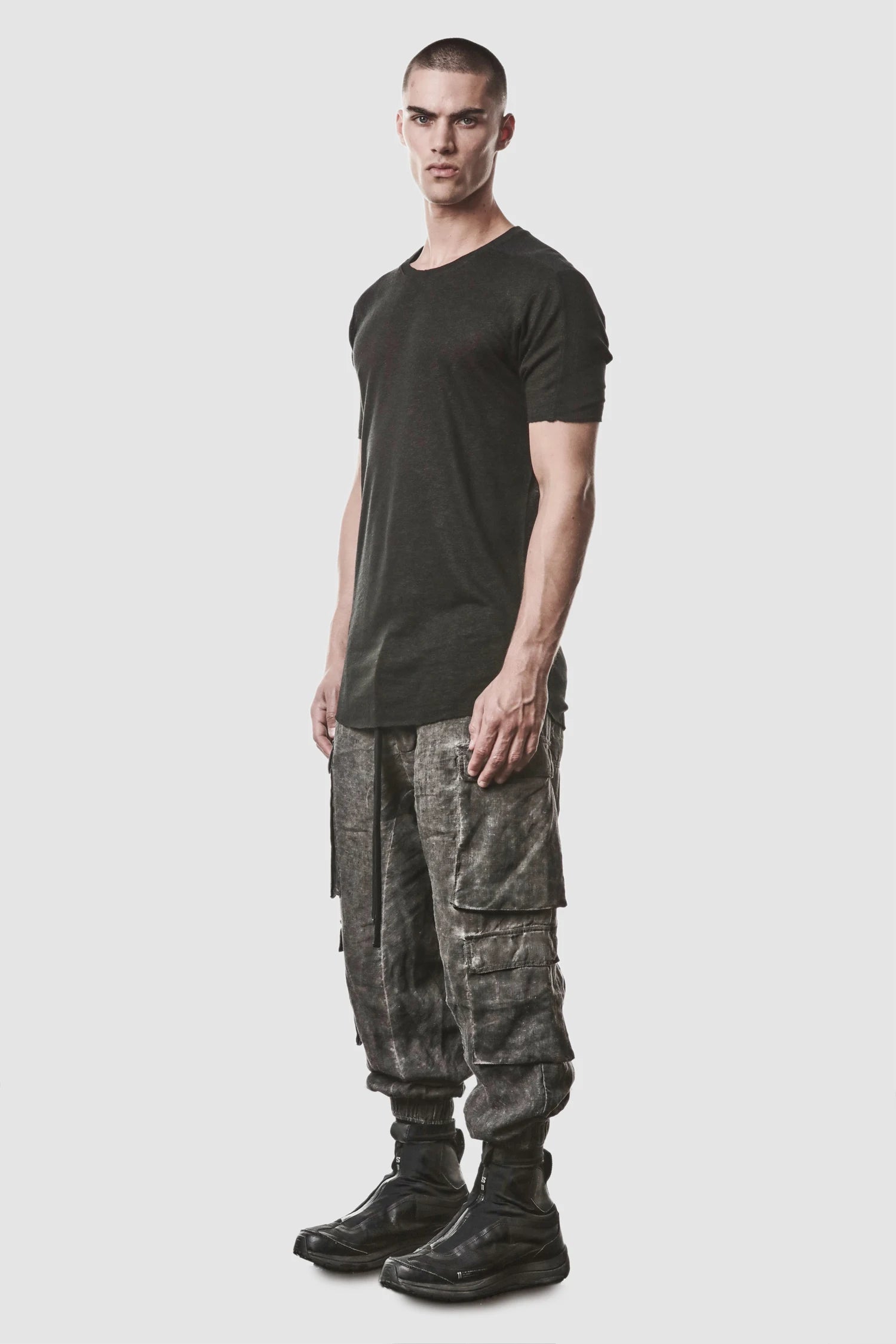 Thom Krom - model front full side view of men’s Black Linen-Viscose Mix Jersey T-Shirt