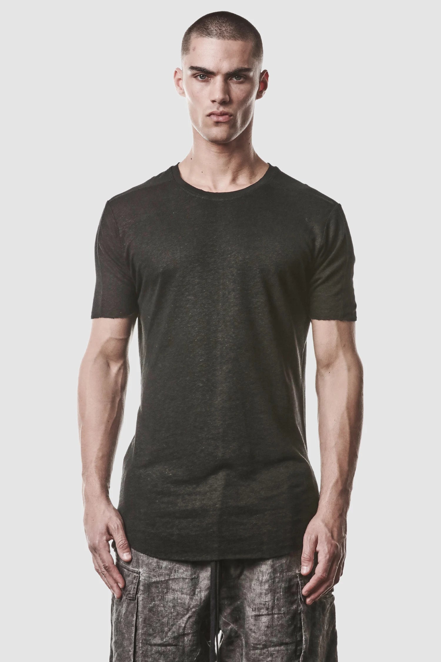 Thom Krom - model front view of men’s Black Linen-Viscose Mix Jersey T-Shirt