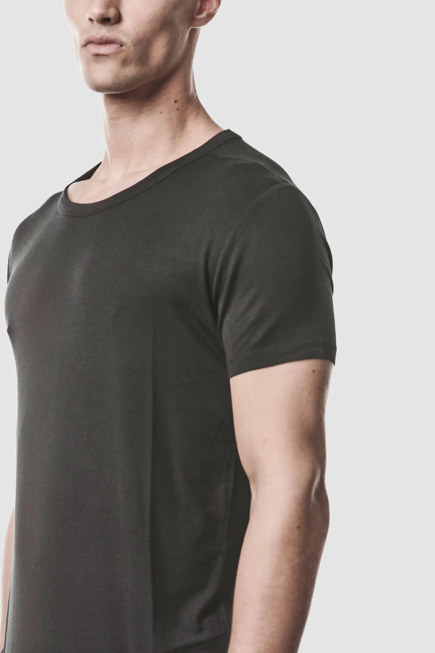 Thom Krom - model front side detail view of men’s Black Modal Blend Jersey T-Shirt