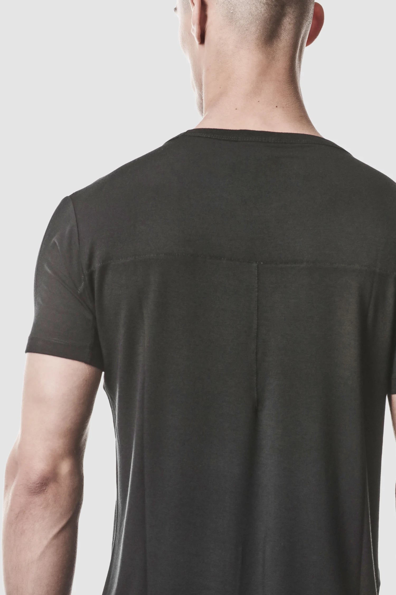 Thom Krom - model back detail view of men’s Black Modal Blend Jersey T-Shirt