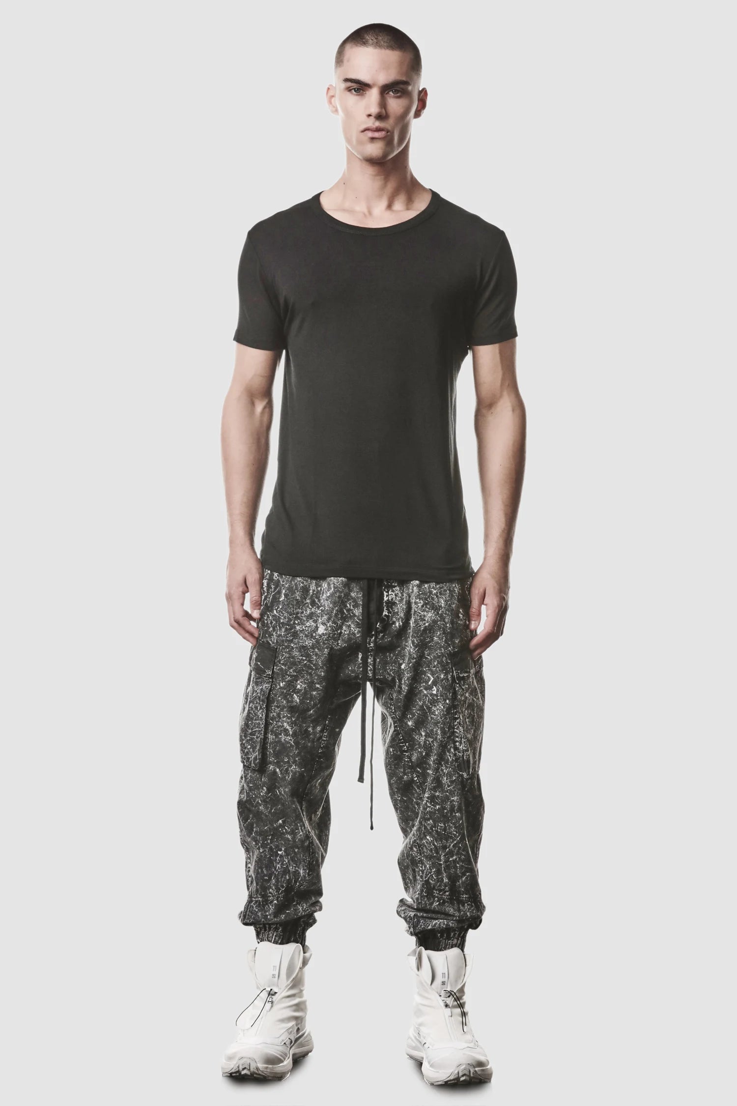 Thom Krom - model front full view of men’s Black Modal Blend Jersey T-Shirt