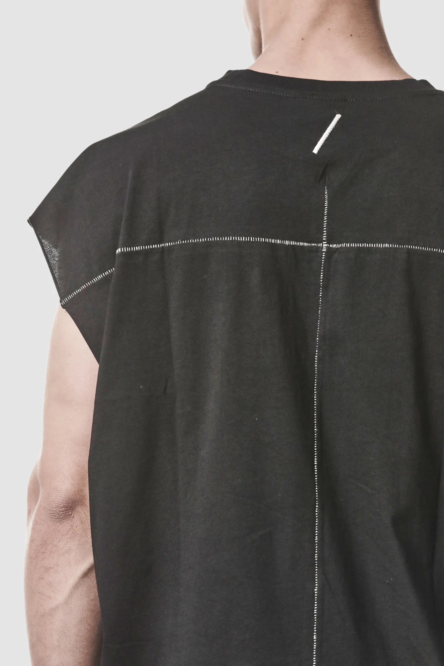 Thom Krom - model back detail view of men’s Black Cotton Jersey Oversize Tank Top
