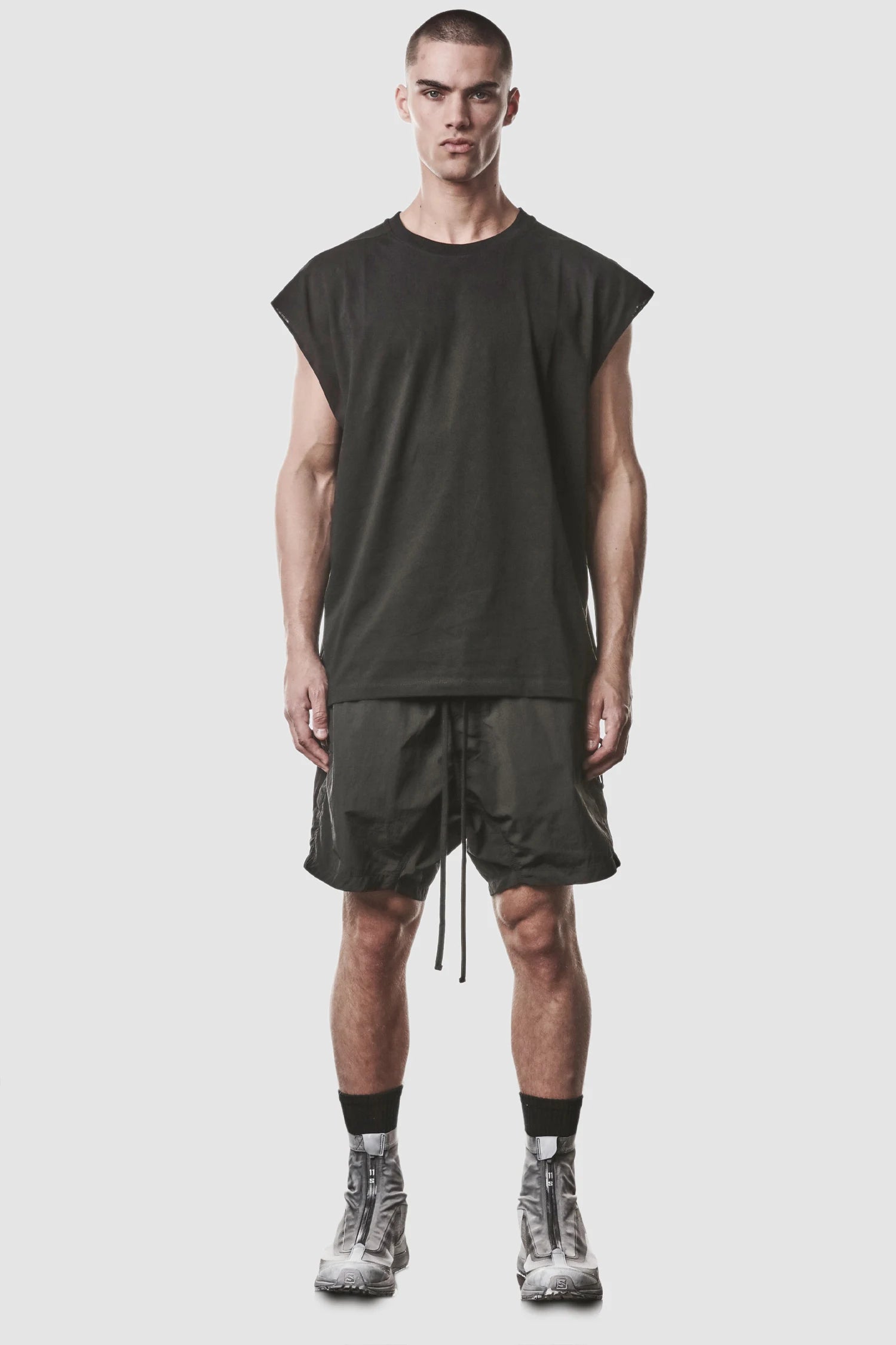 Thom Krom - model front full view of men’s Black Cotton Jersey Oversize Tank Top