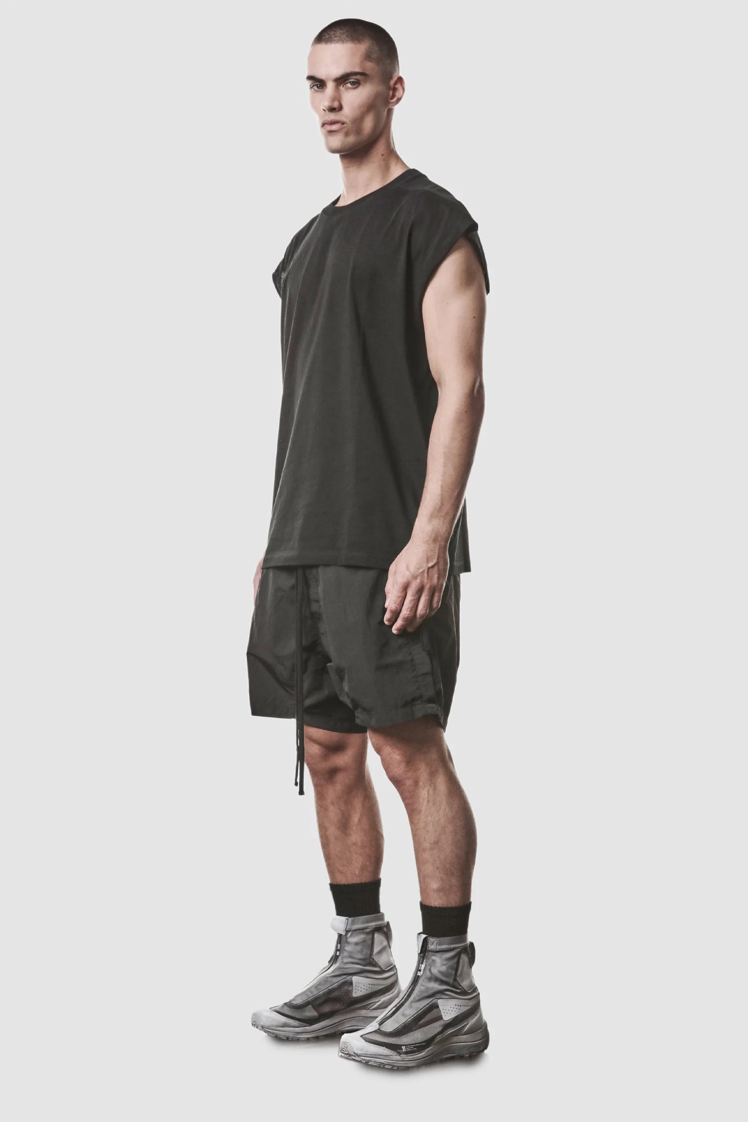 Thom Krom - model front side full view of men’s Black Cotton Jersey Oversize Tank Top