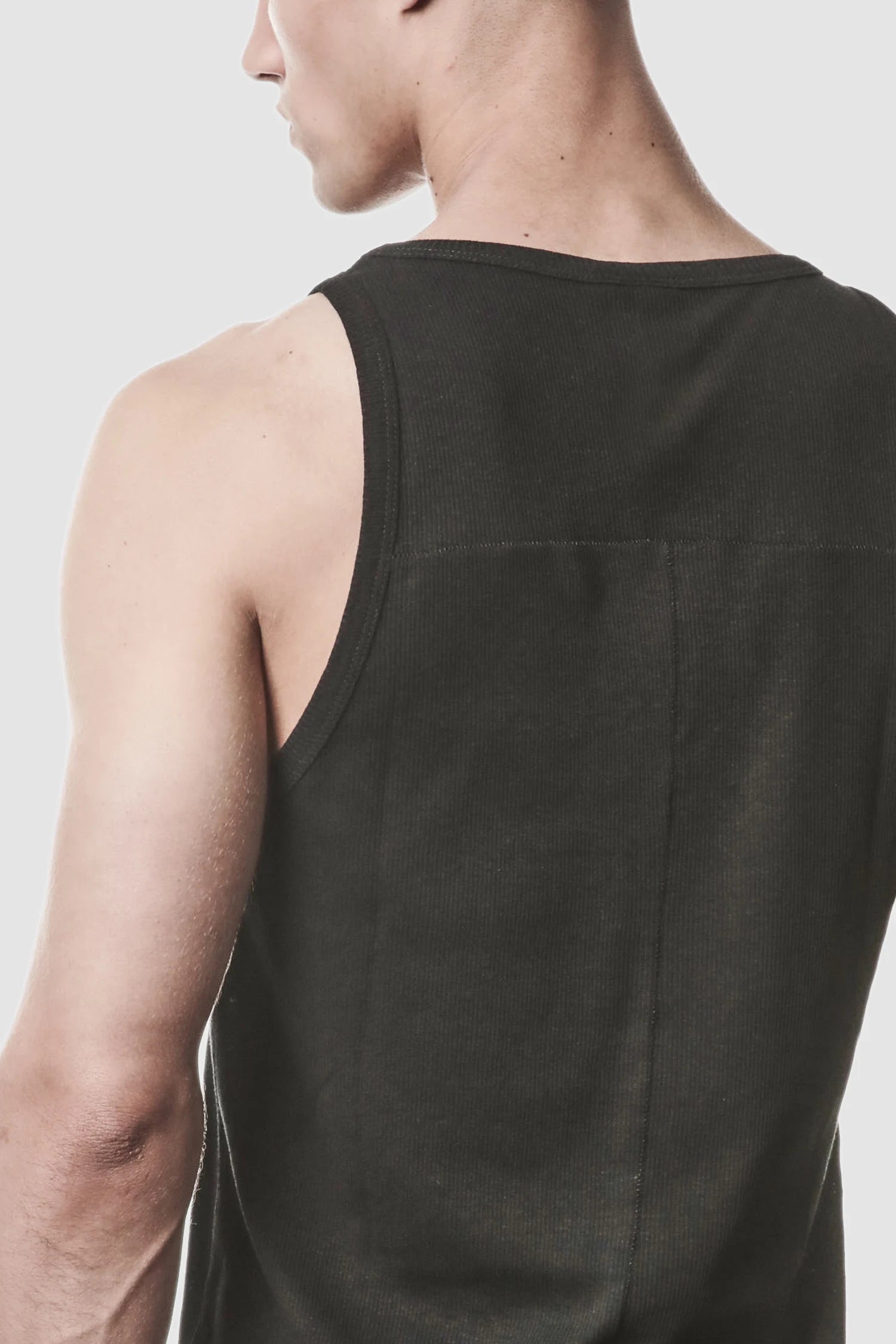 Thom Krom - model back detail view of men’s Black Cotton-Linen Mix Rib Tank Top