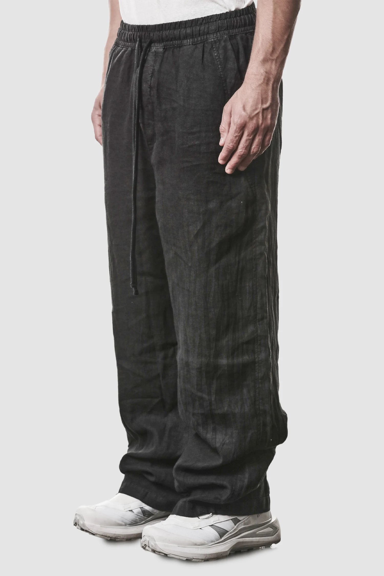 Black Woven Wide Leg Linen Trousers