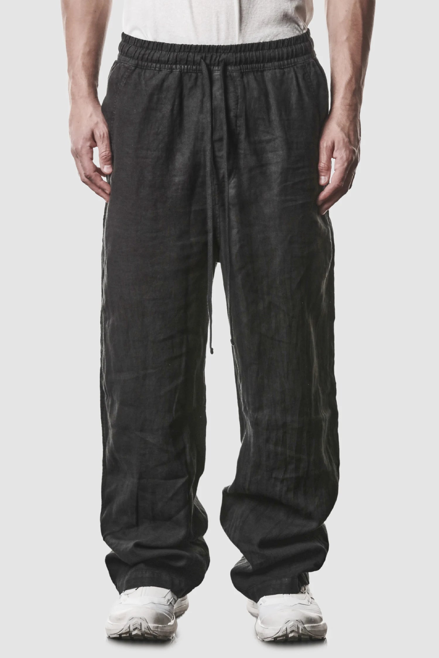 Black Woven Wide Leg Linen Trousers