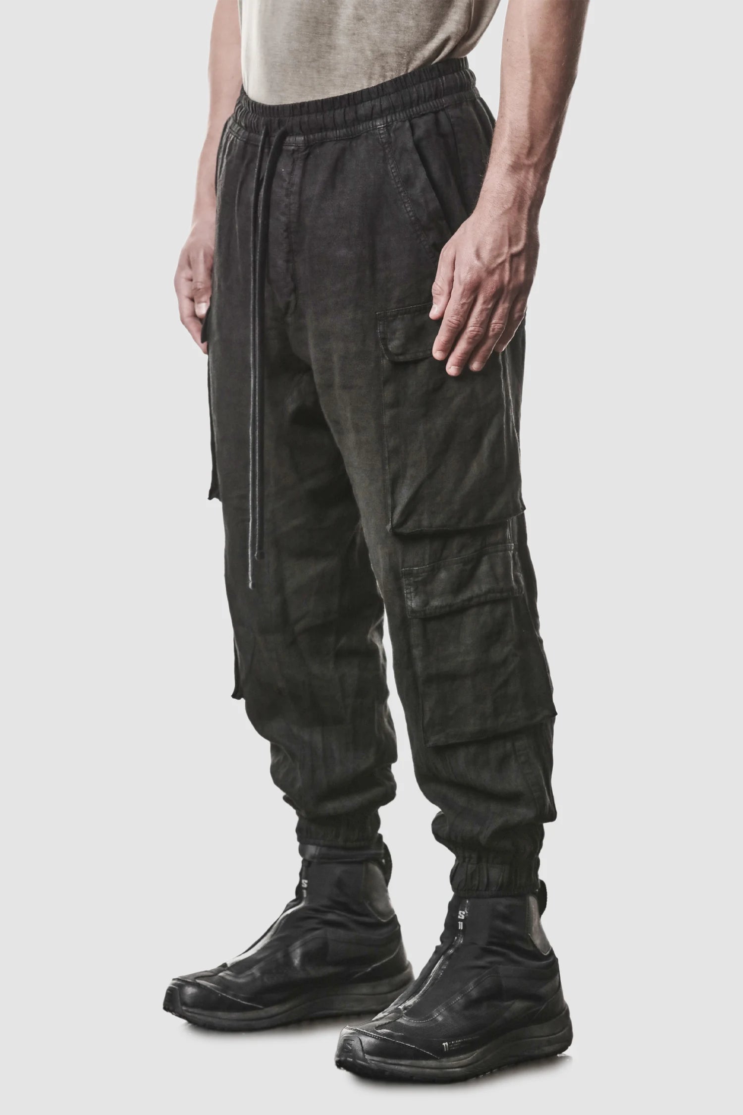Black Woven Linen Cargo Jogger Trousers