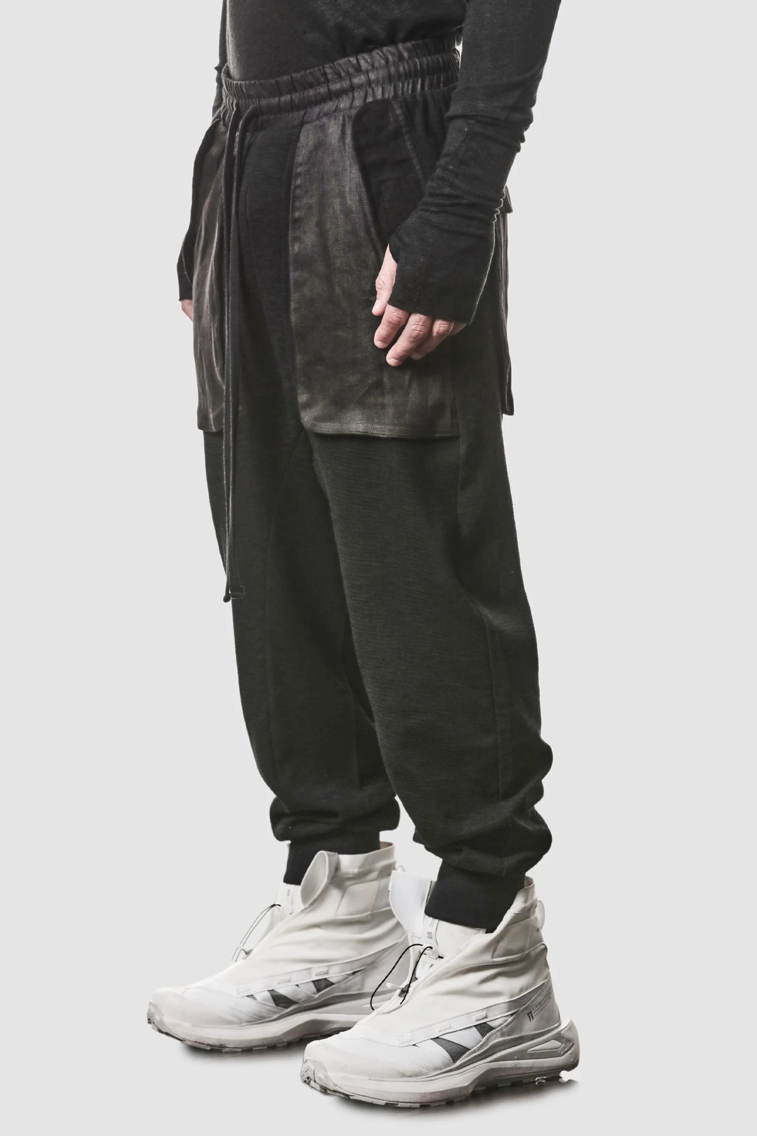 Black Linen Patch Pocket Cargo Sweatpants
