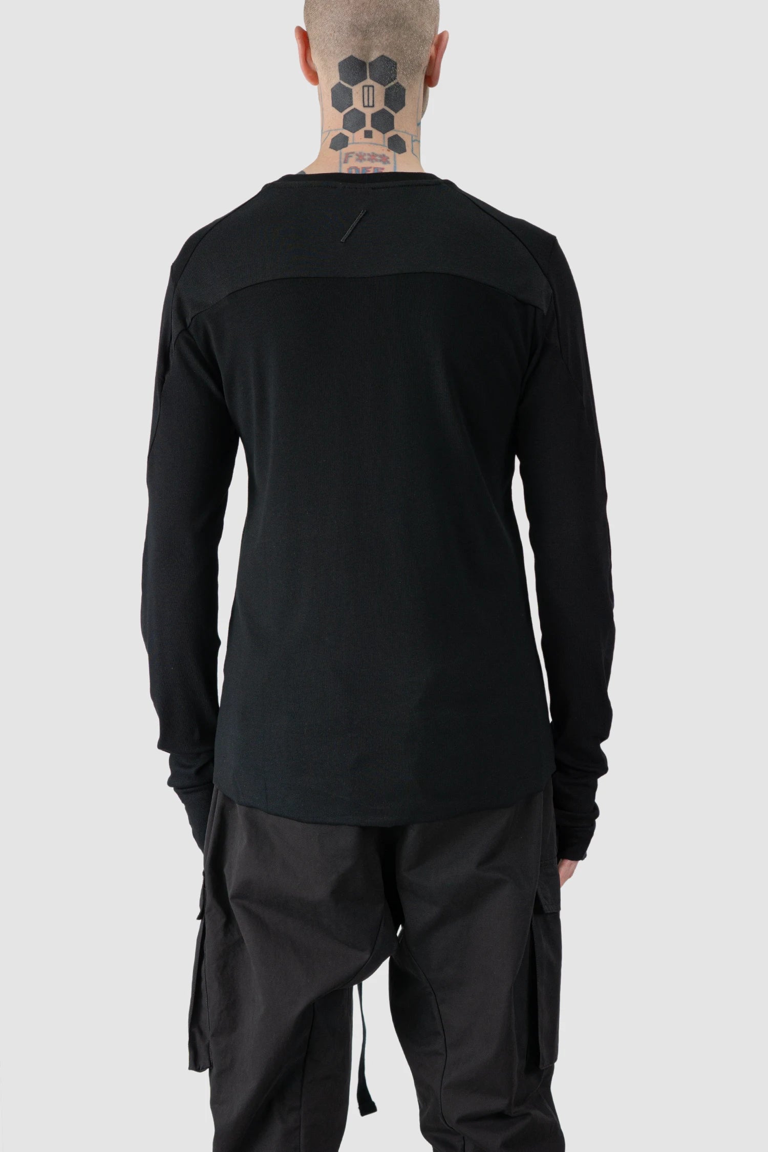 Thom Krom - model back view of men’s Black Viscose Mix Longsleeve Shirt M-TS-889