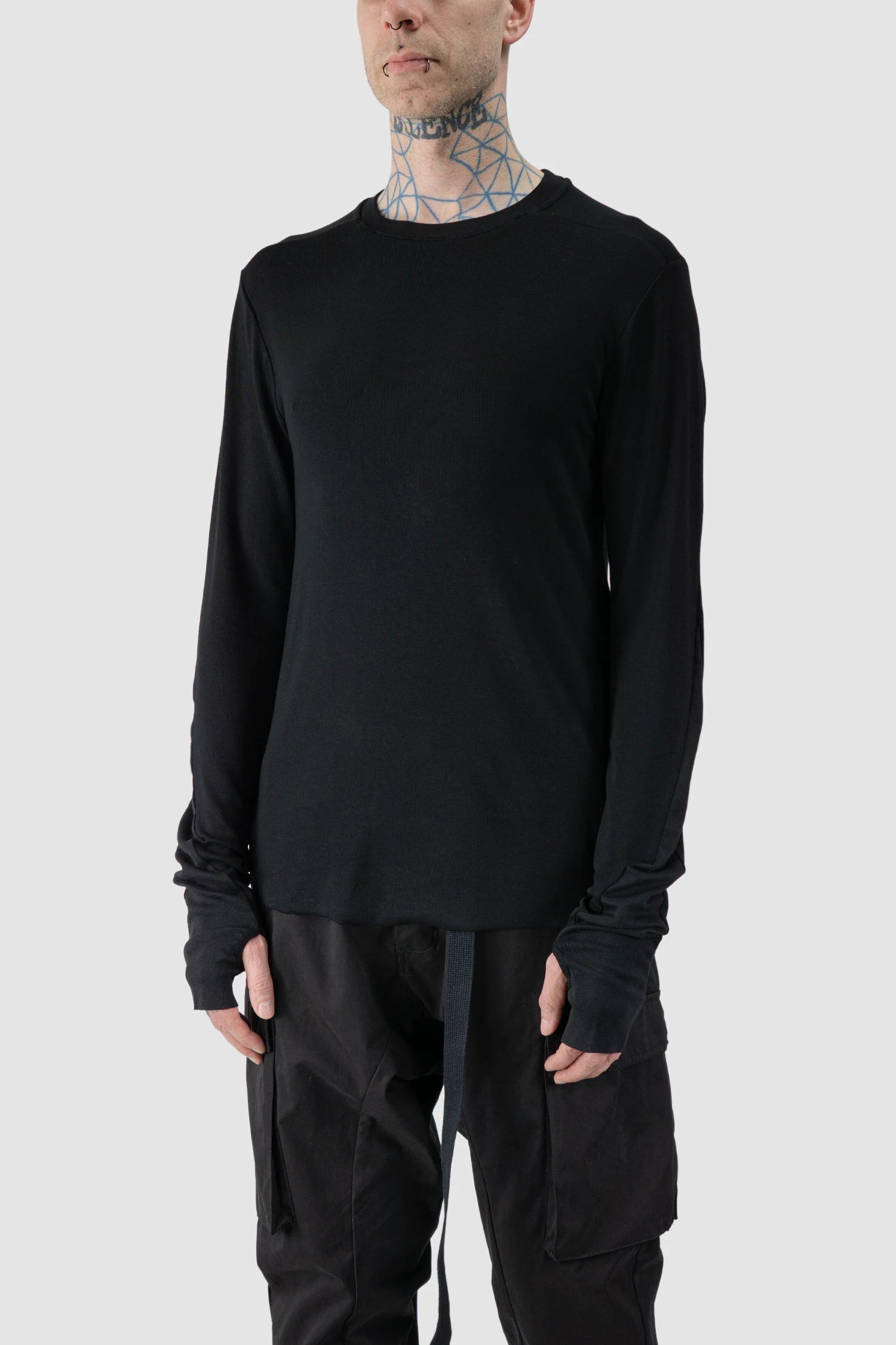 Thom Krom - model front side view of men’s Black Viscose Mix Longsleeve Shirt M-TS-889