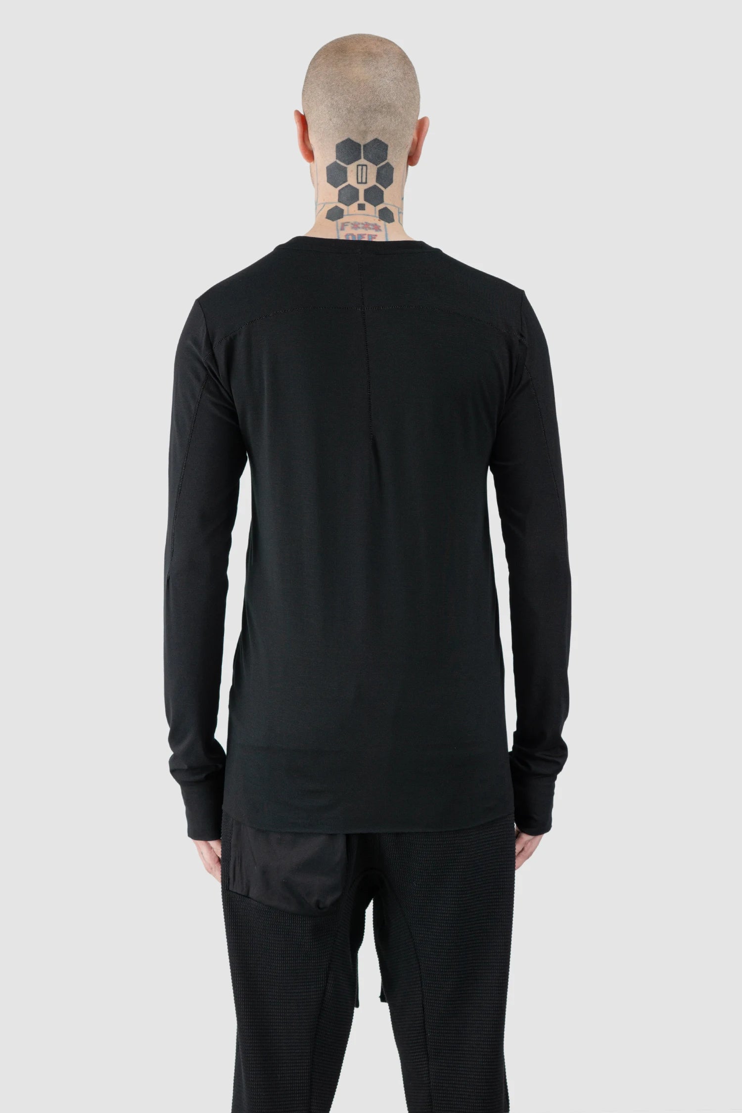 Thom Krom – Men's Black Viscose Round Neck Long Sleeve - model back view Thom Krom – Men's Black Viscose Round Neck Long Sleeve - model back view
