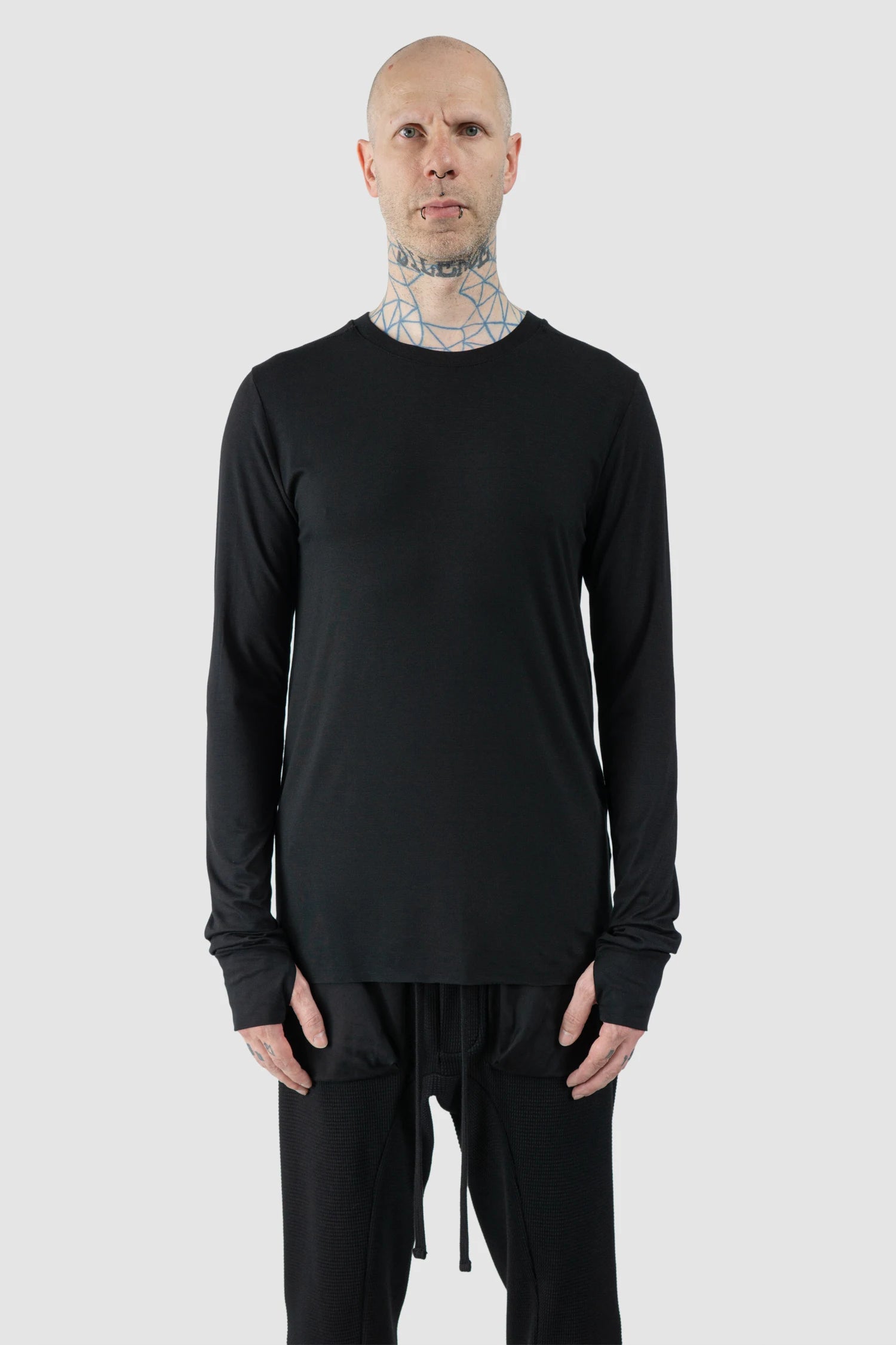 Thom Krom – Men's Black Viscose Round Neck Long Sleeve - model front view Thom Krom – Men's Black Viscose Round Neck Long Sleeve - model front view