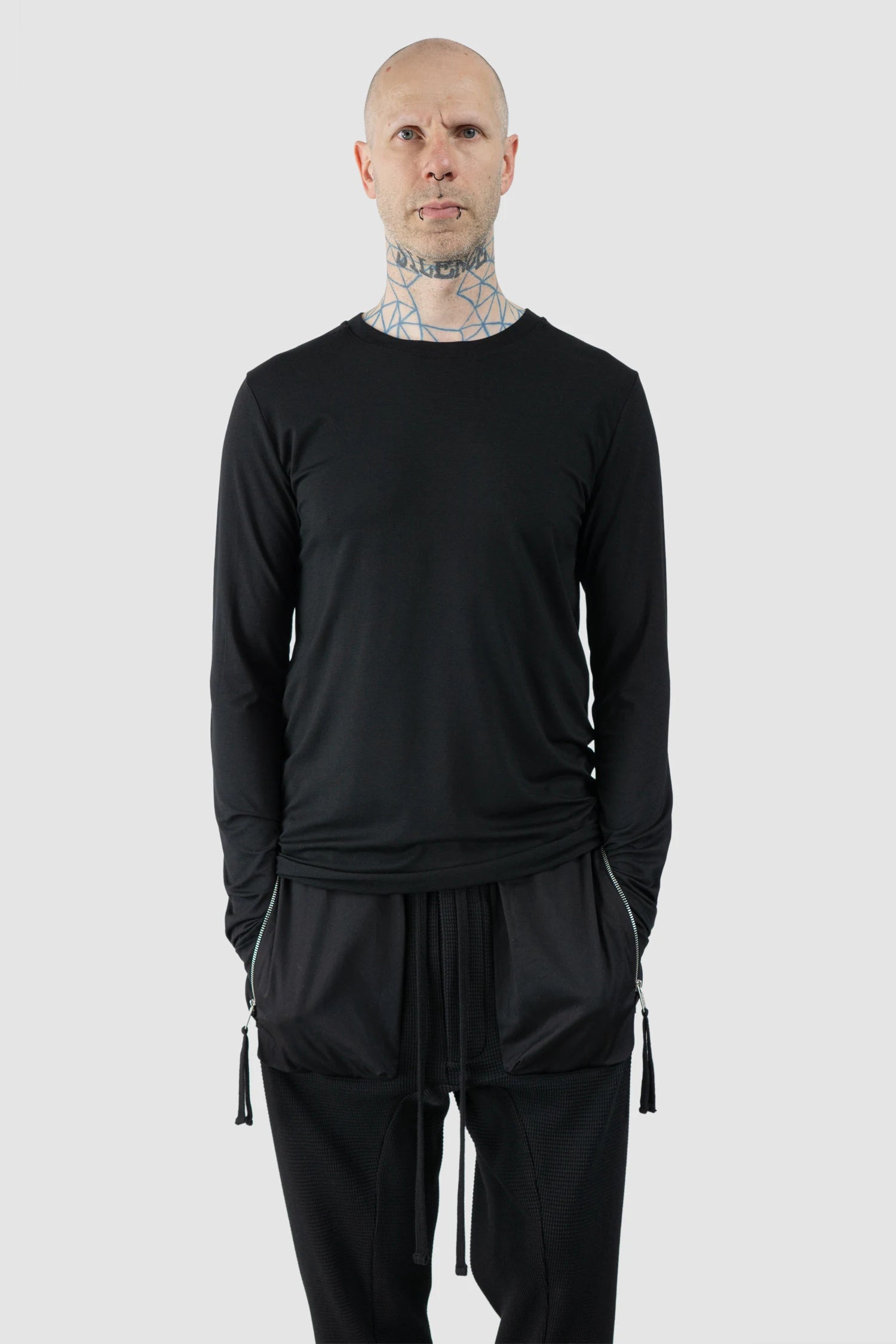 Thom Krom – Men's Black Viscose Round Neck Long Sleeve - model relaxed view Thom Krom – Men's Black Viscose Round Neck Long Sleeve - model relaxed view
