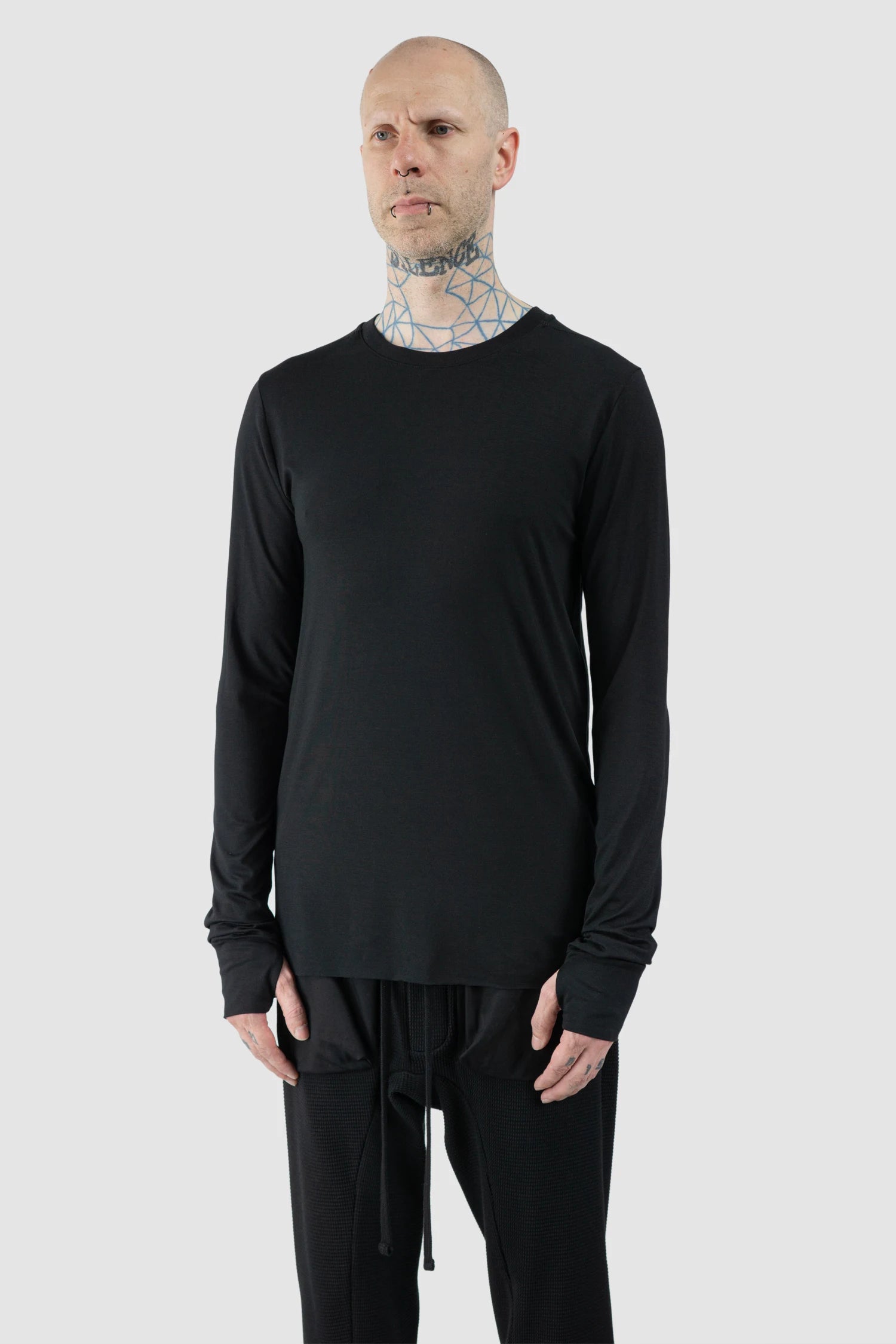 Thom Krom – Men's Black Viscose Round Neck Long Sleeve - model front side view Thom Krom – Men's Black Viscose Round Neck Long Sleeve - model front side view