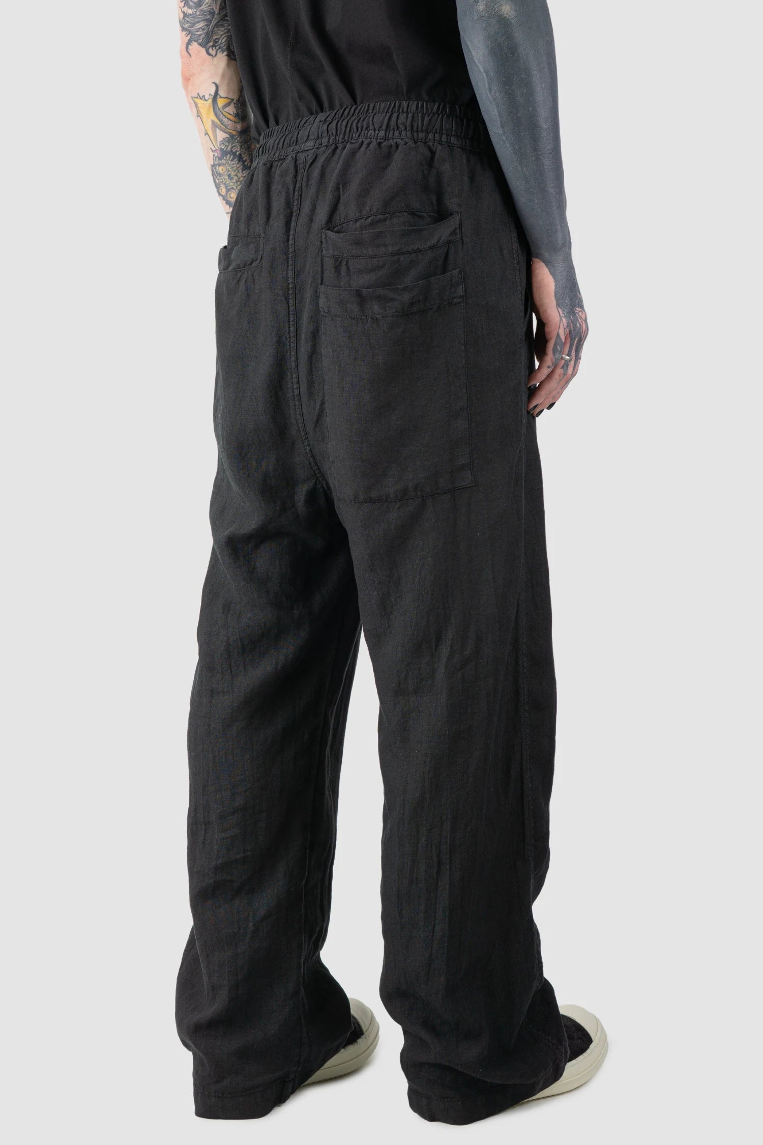Black Woven Wide Leg Linen Trousers