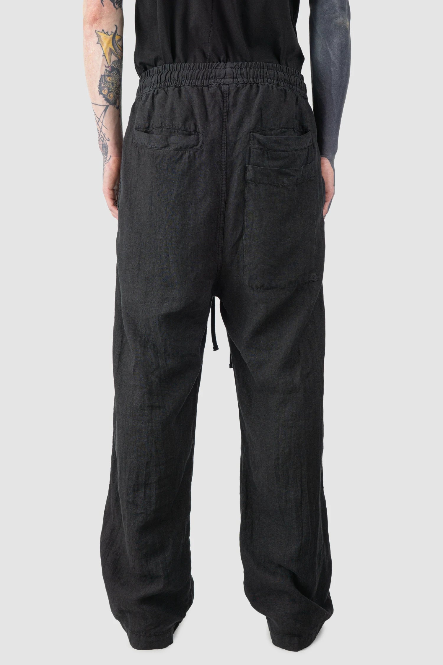 Black Woven Wide Leg Linen Trousers