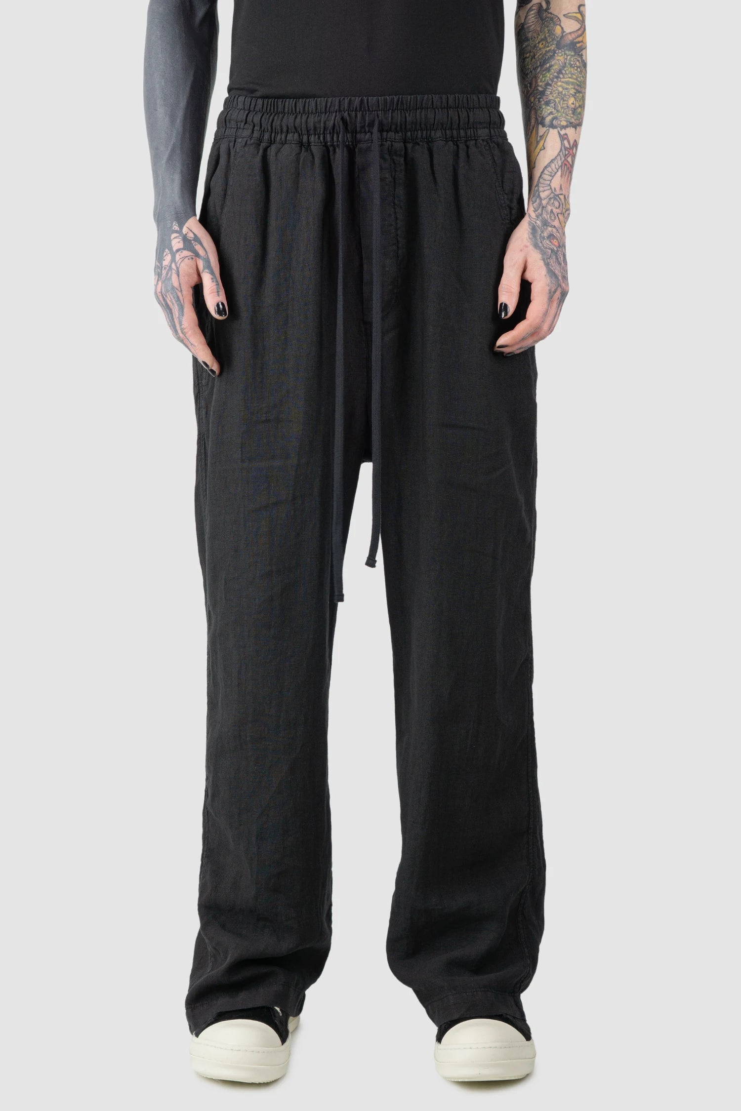 Black Woven Wide Leg Linen Trousers