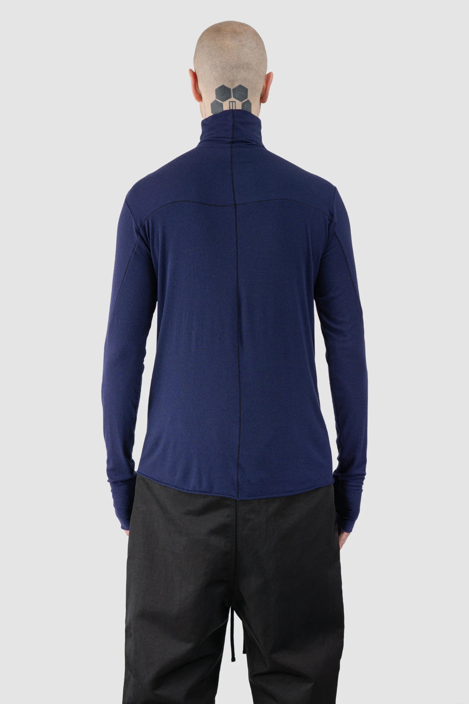 Thom Krom – Men's Blue Cashmere Blend Turtleneck Long Sleeve - model back view Thom Krom – Men's Blue Cashmere Blend Turtleneck Long Sleeve - model back view