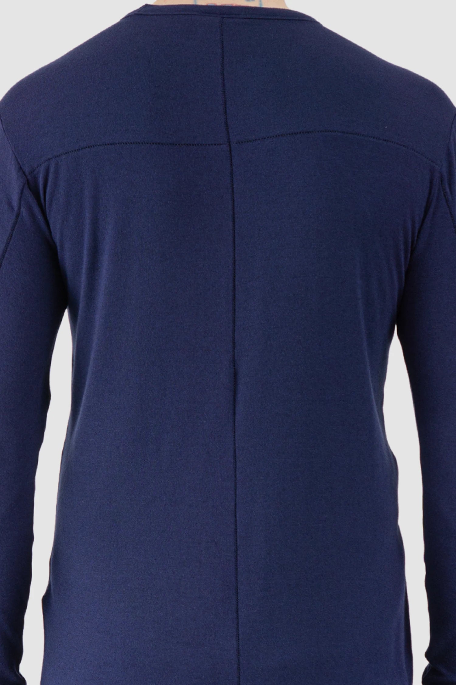 Thom Krom – Men's Blue Modal Cashmere Long Sleeve - back detail view Thom Krom – Men's Blue Modal Cashmere Long Sleeve - back detail view