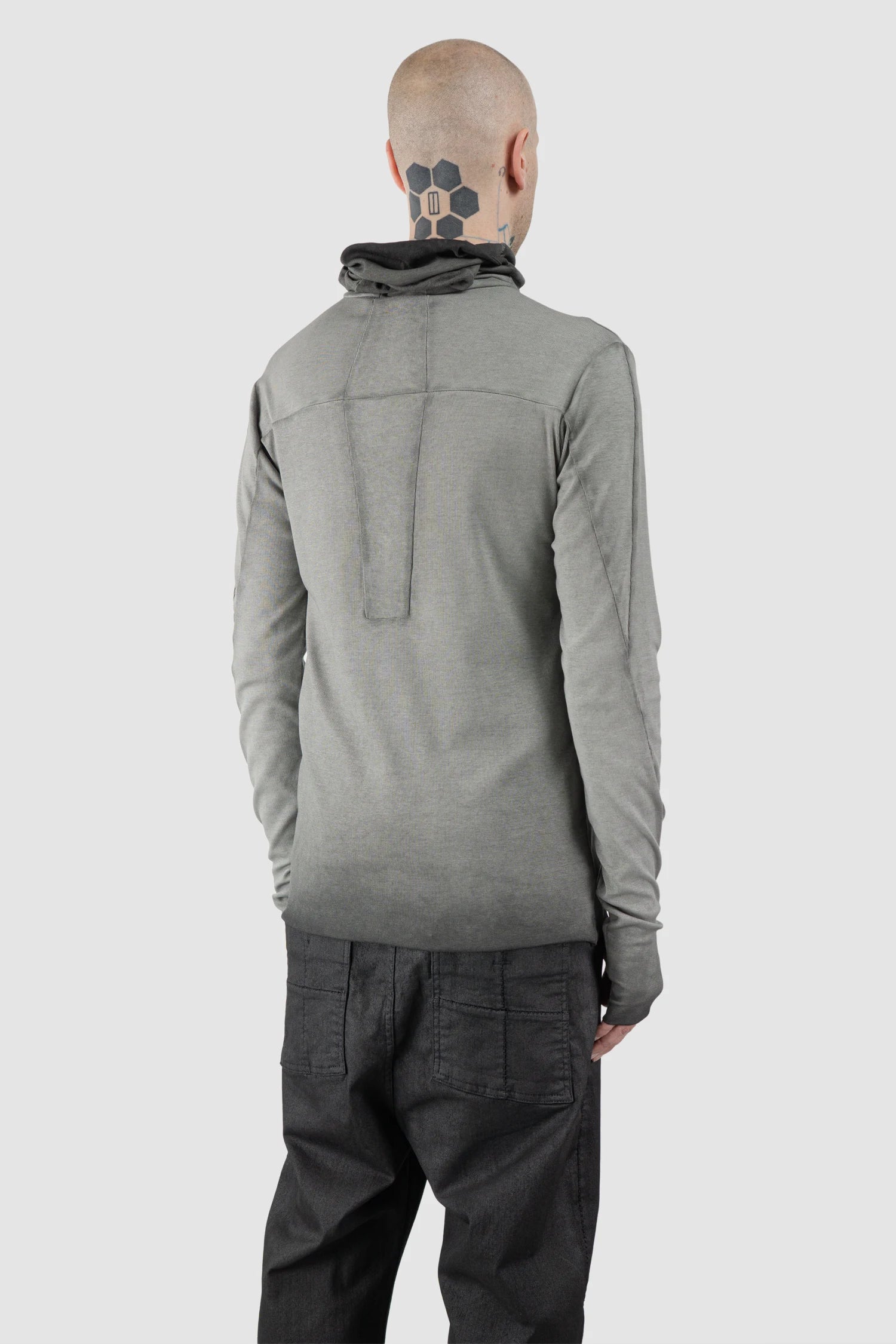 Thom Krom – Men's Cold Dye Grey Cotton Balaclava Hooded Long Sleeve - model back side view Thom Krom – Men's Cold Dye Grey Cotton Balaclava Hooded Long Sleeve - model back side view