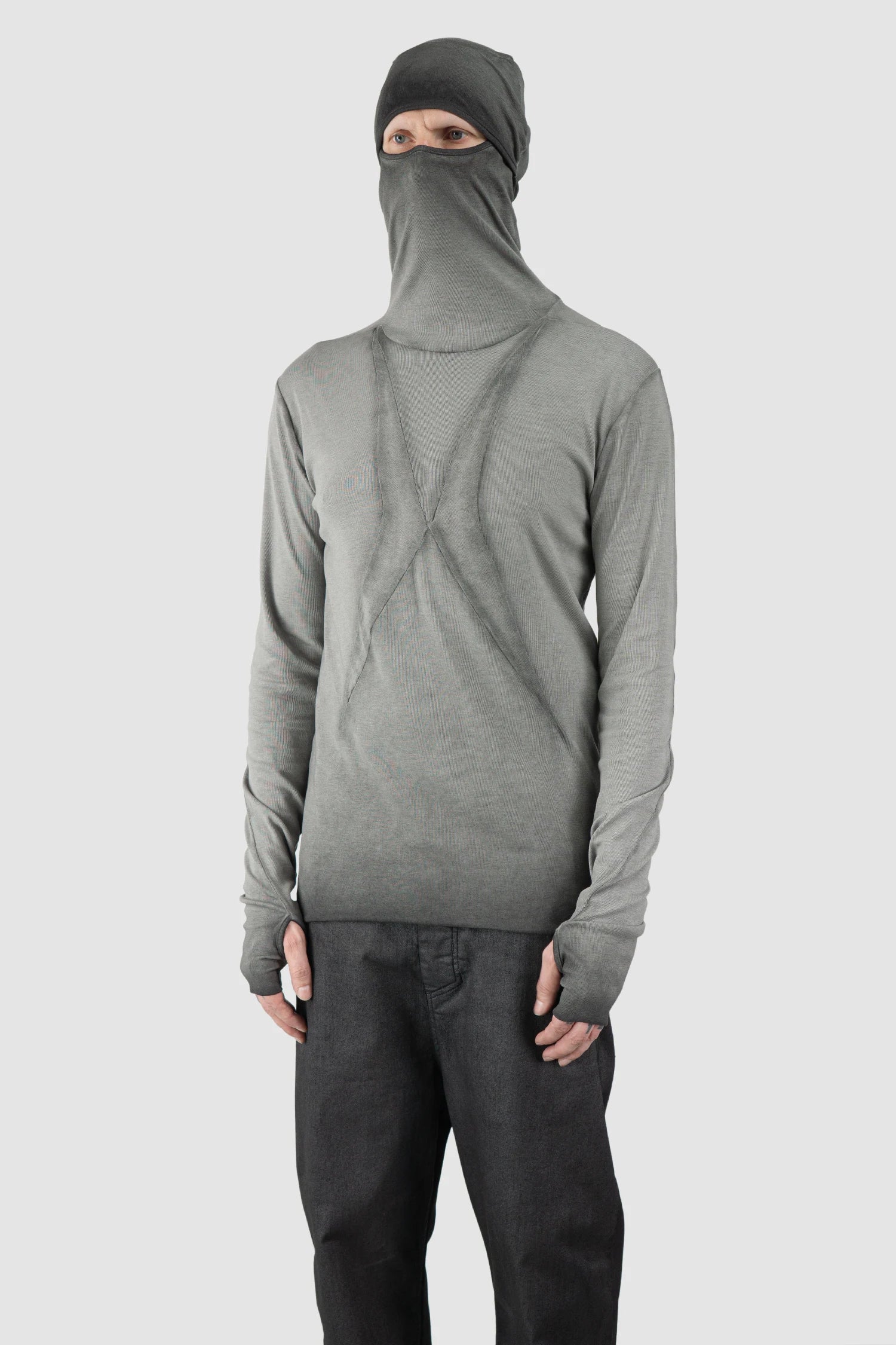 Thom Krom – Men's Cold Dye Grey Cotton Balaclava Hooded Long Sleeve - model hooded side view - MONO-KROM | Gallery Thom Krom – Men's Cold Dye Grey Cotton Balaclava Hooded Long Sleeve - model hooded side view - MONO-KROM | Gallery