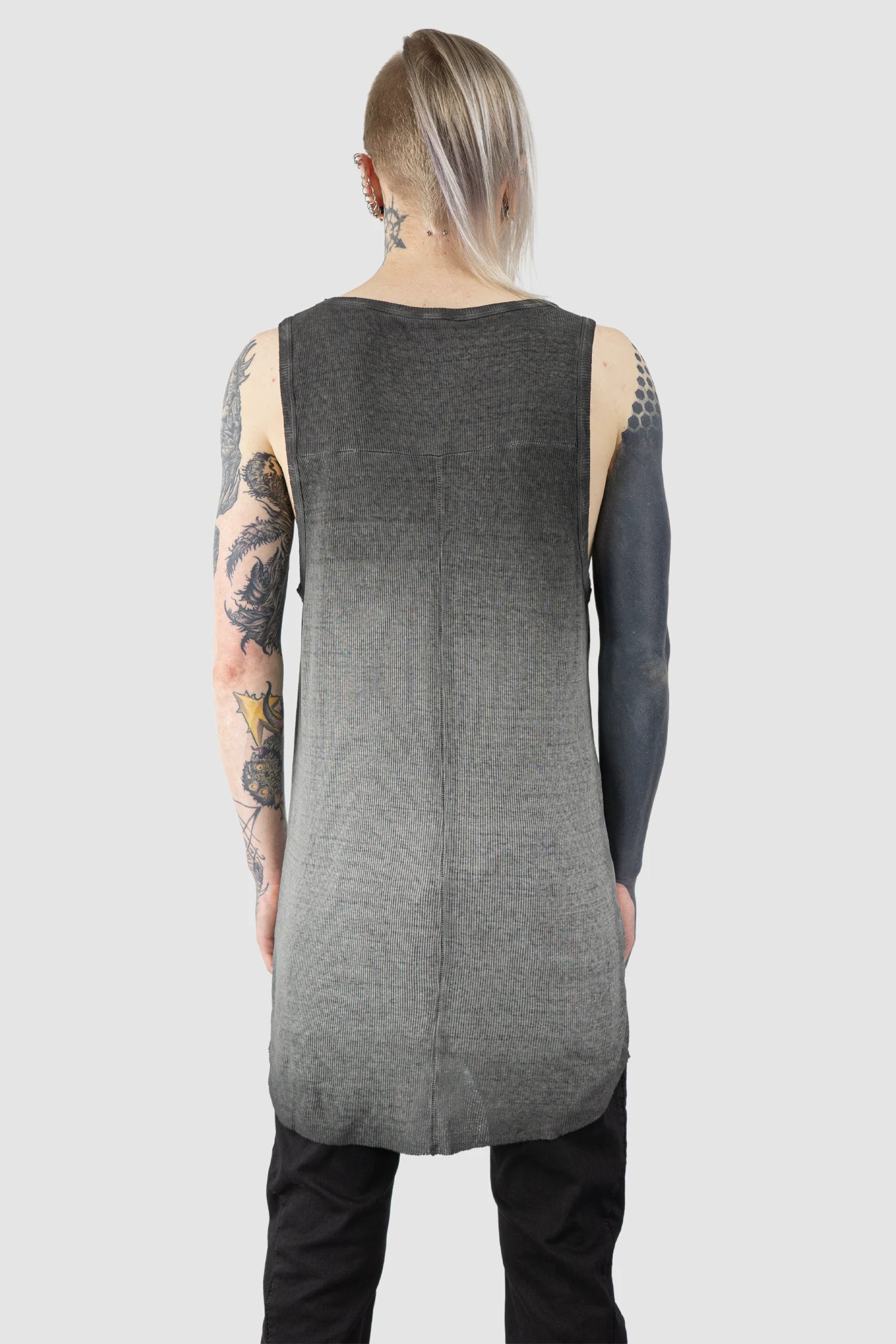 Thom Krom - Men’s Grey Object Dyed Cotton-Linen Rib Tank Top M-TS-947 model back view