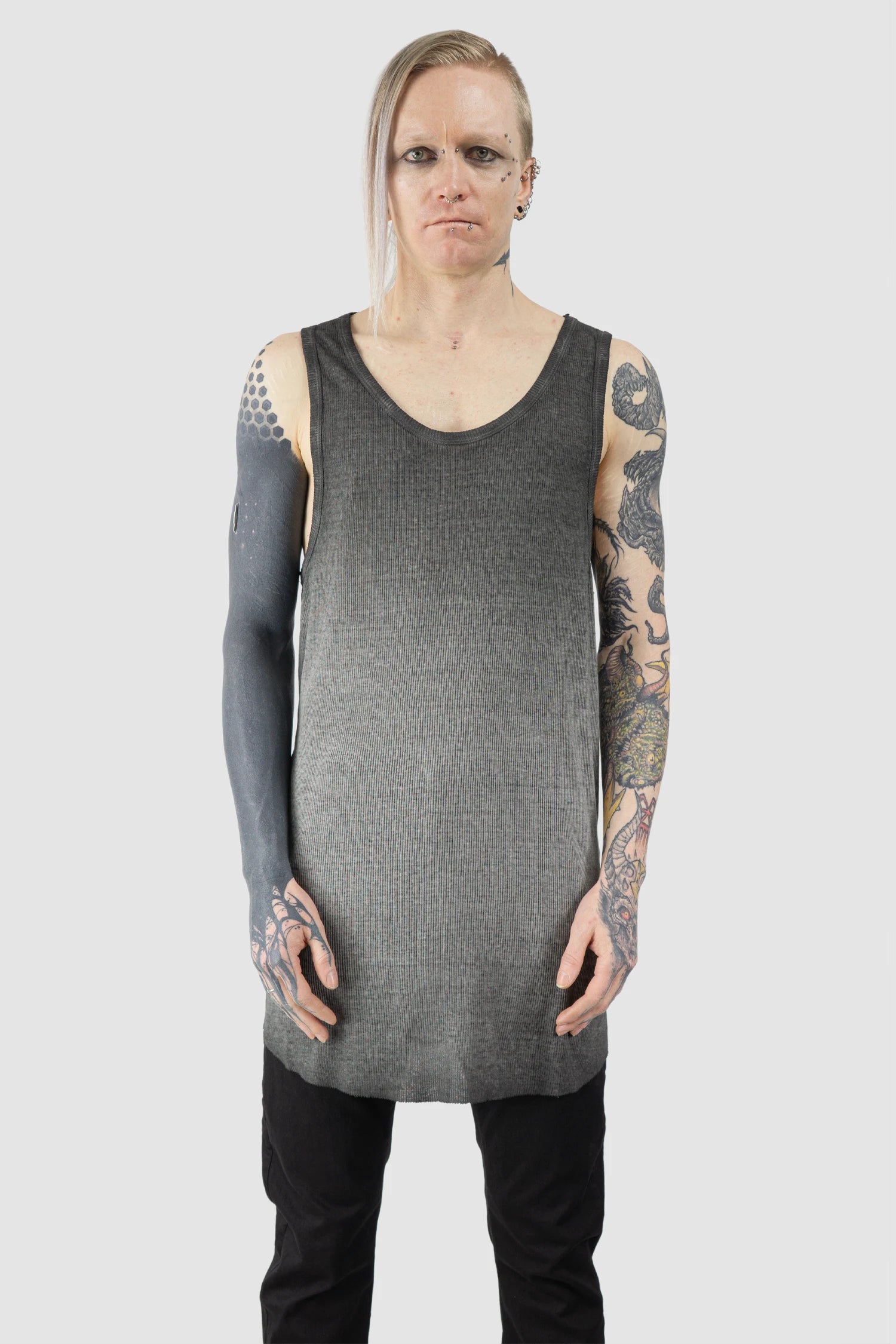 Thom Krom - Men’s Grey Object Dyed Cotton-Linen Rib Tank Top M-TS-947 model front view