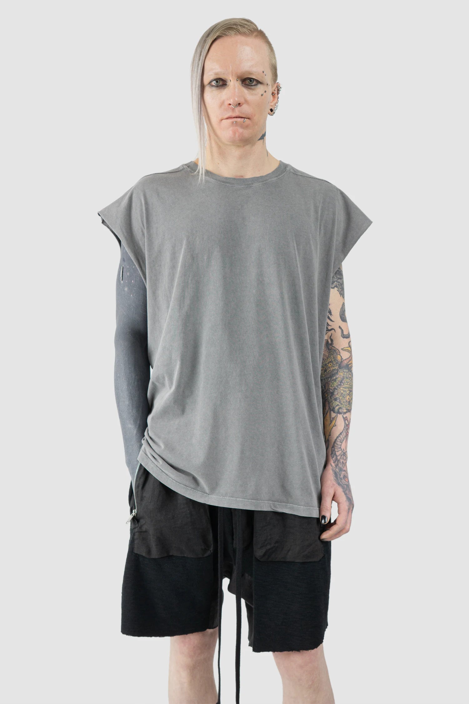 Thom Krom - Men’s Grey Oversized Round Neck Tank Top M-TS-925 model front relaxed view