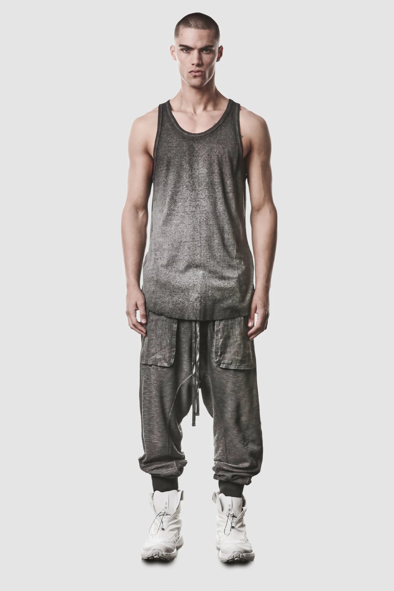 Thom Krom - full view of men’s Grey Object Dyed Cotton-Linen Rib Tank Top