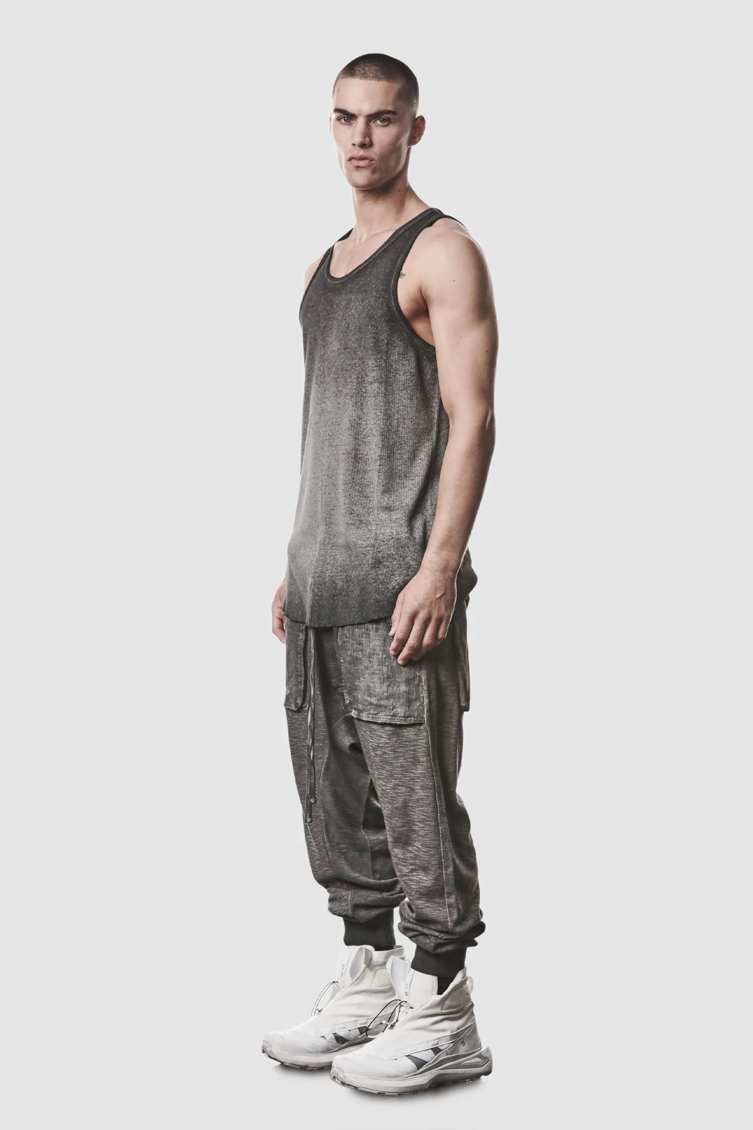 Thom Krom - full side view of men’s Grey Object Dyed Cotton-Linen Rib Tank Top