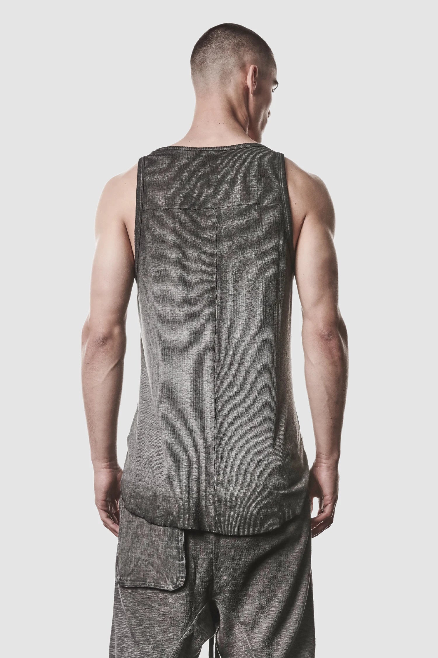 Thom Krom - model back view of men’s Grey Object Dyed Cotton-Linen Rib Tank Top
