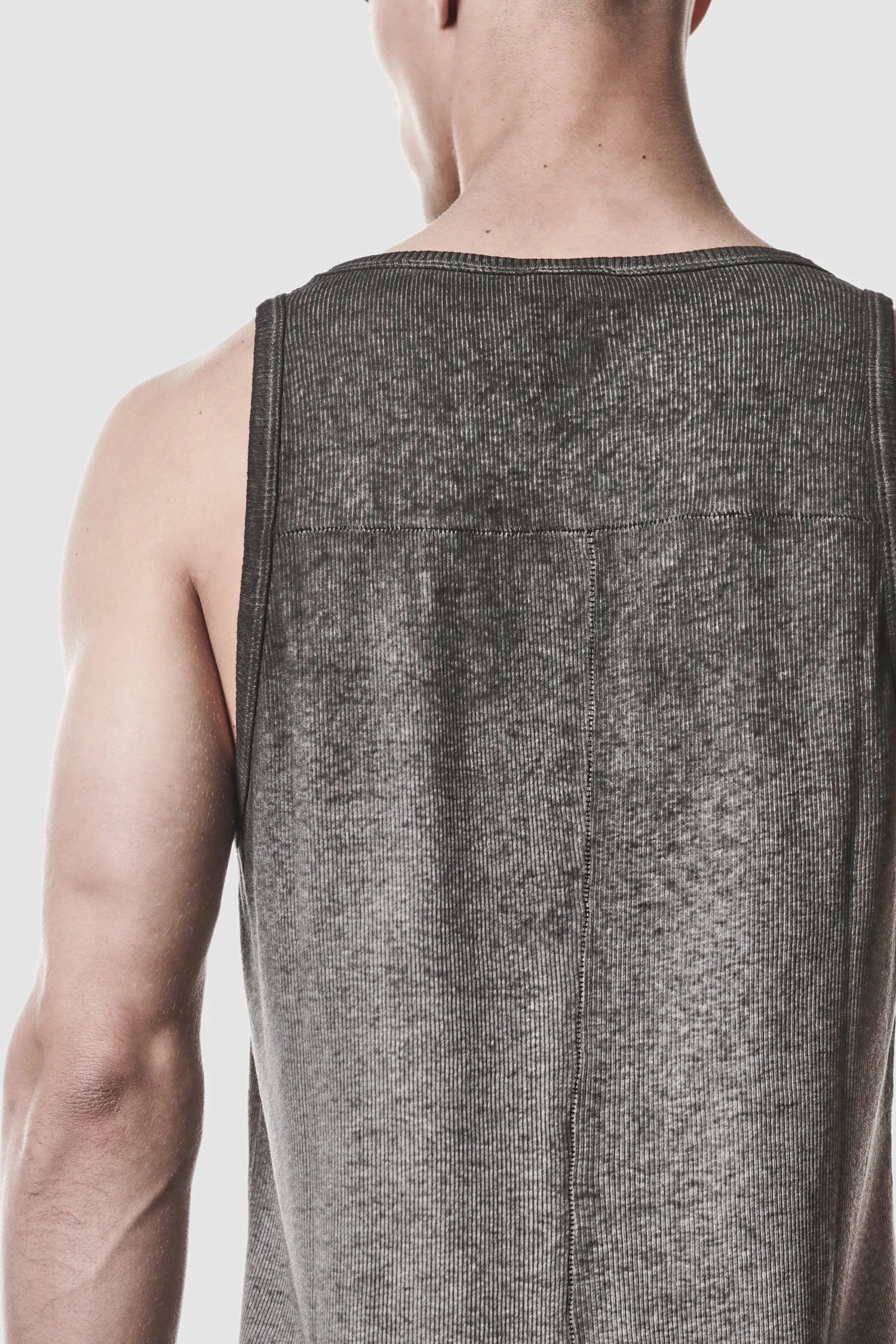 Thom Krom - model back detail view of men’s Grey Object Dyed Cotton-Linen Rib Tank Top