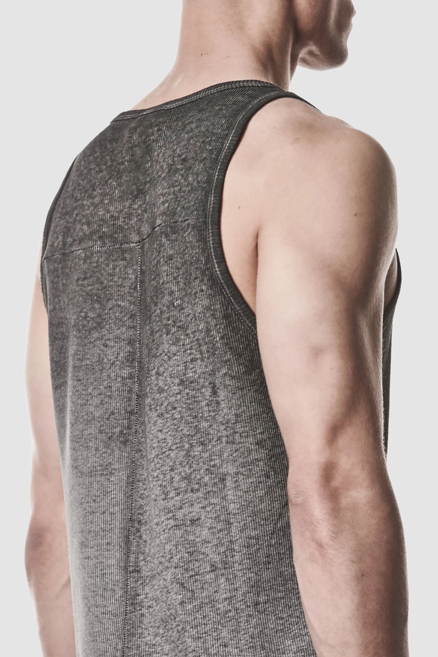 Thom Krom - model back detail side view of men’s Grey Object Dyed Cotton-Linen Rib Tank Top