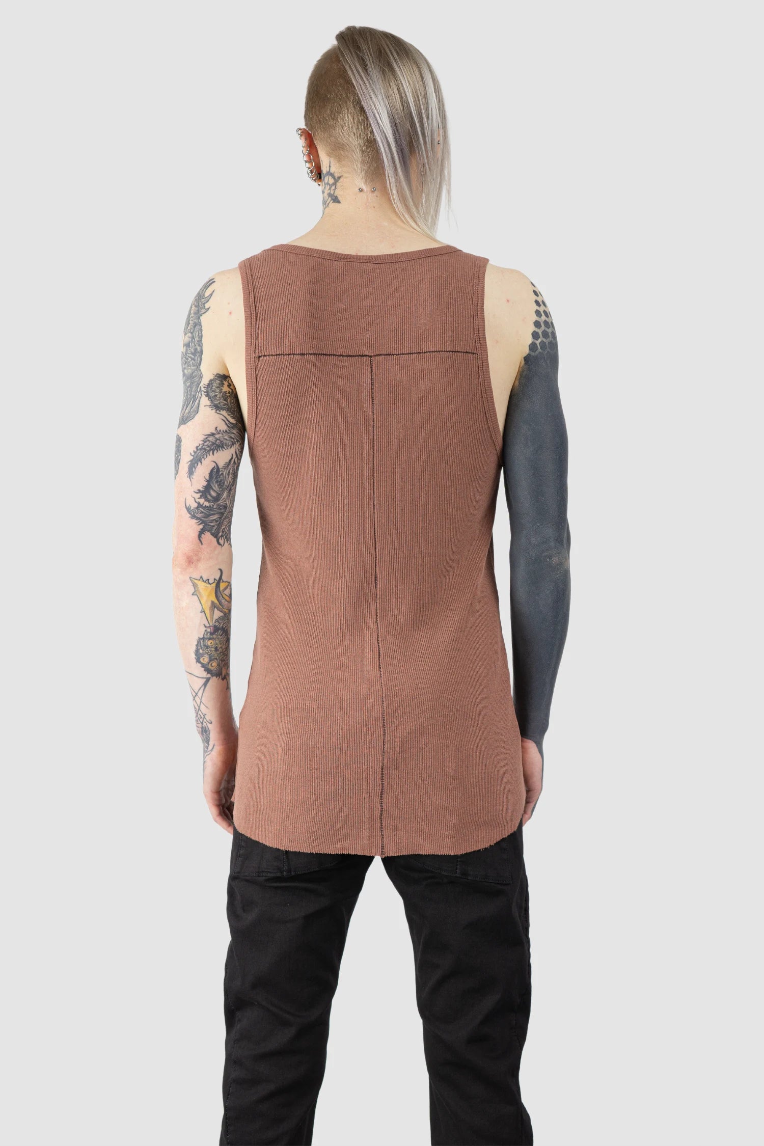 Thom Krom - Men’s Red Cotton-Linen Rib Singlet Tank Top M-TS-947 model back view