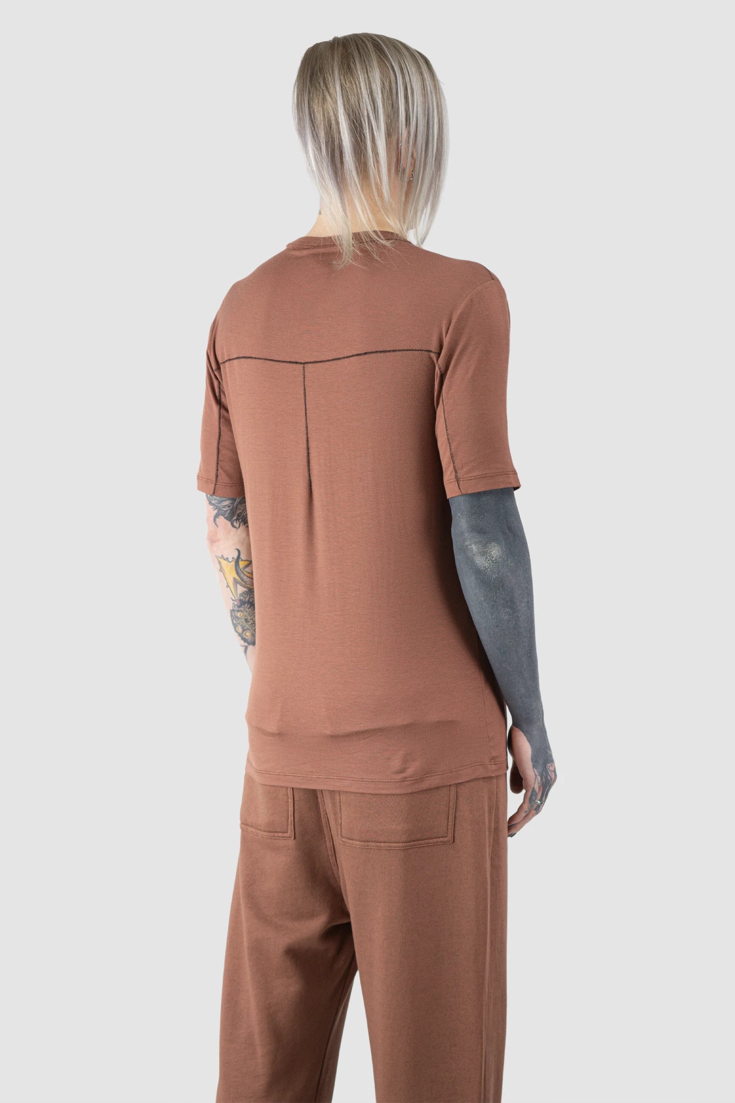 Thom Krom - Men’s Red Modal Stretch Jersey T-Shirt M-TS-938 model back side view