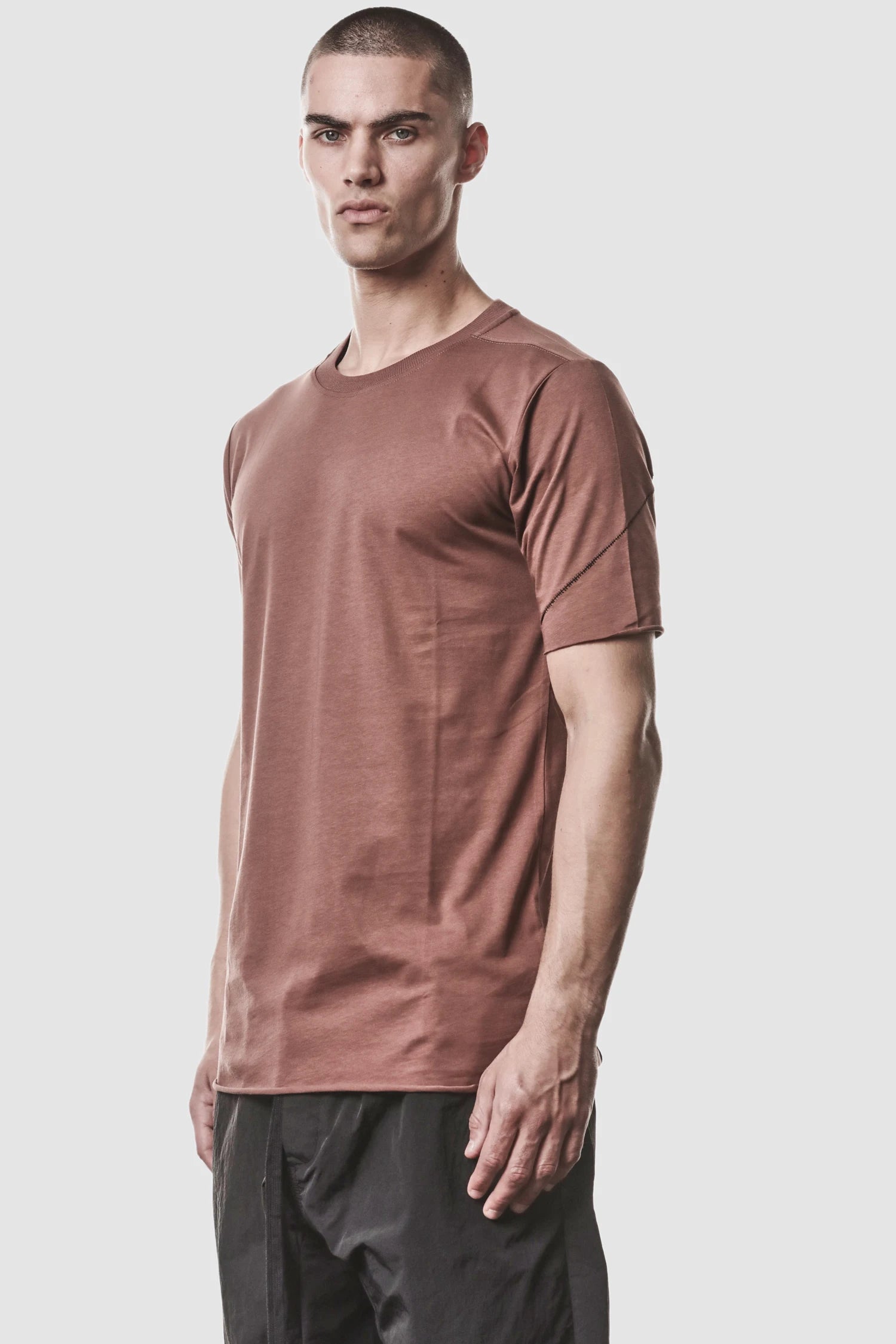 Thom Krom - model front side view of men’s Red Round Neck Cotton Jersey T-Shirt