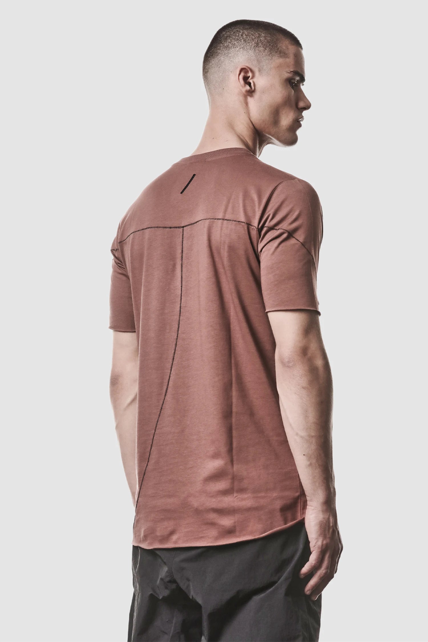 Thom Krom - model back side view of men’s Red Round Neck Cotton Jersey T-Shirt