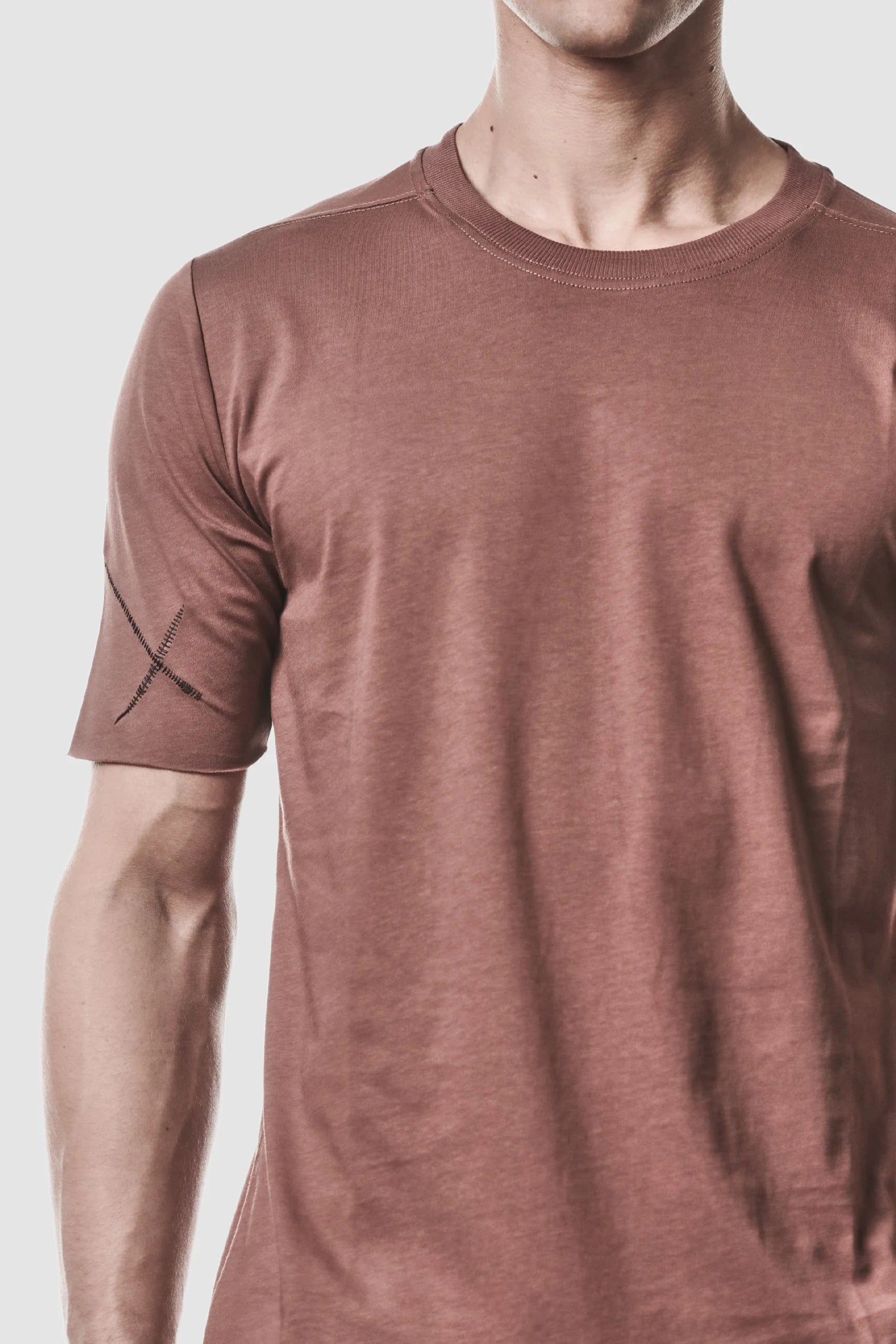 Thom Krom - model front detail view of men’s Red Round Neck Cotton Jersey T-Shirt