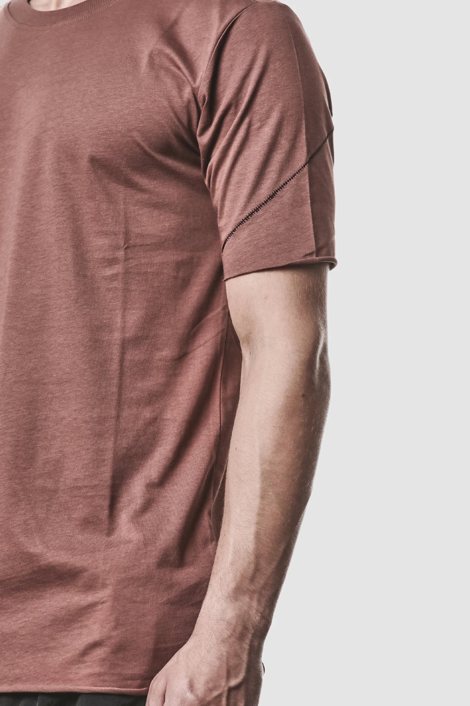 Thom Krom - model front detail view of men’s Red Round Neck Cotton Jersey T-Shirt