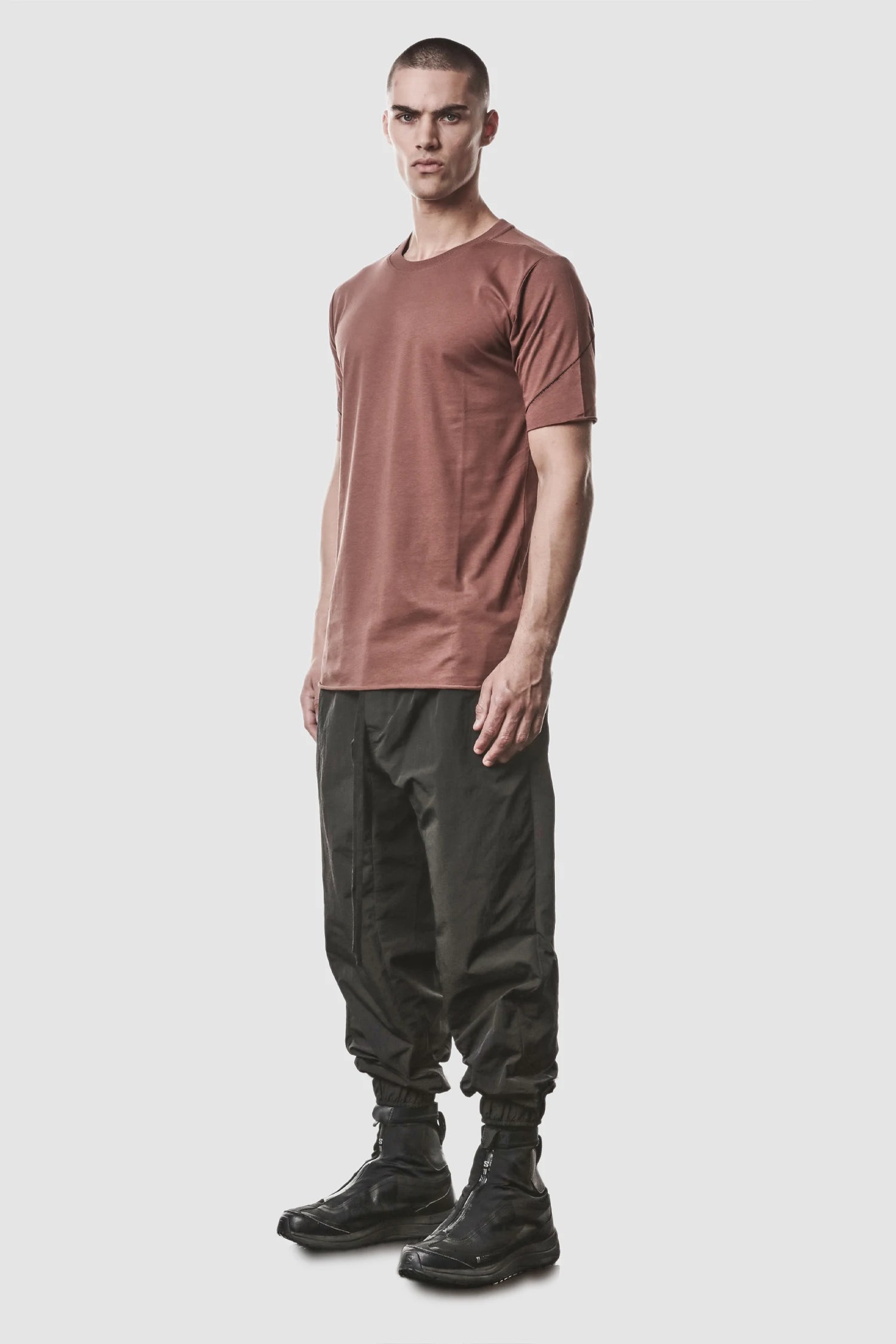 Thom Krom - model front side full view of men’s Red Round Neck Cotton Jersey T-Shirt