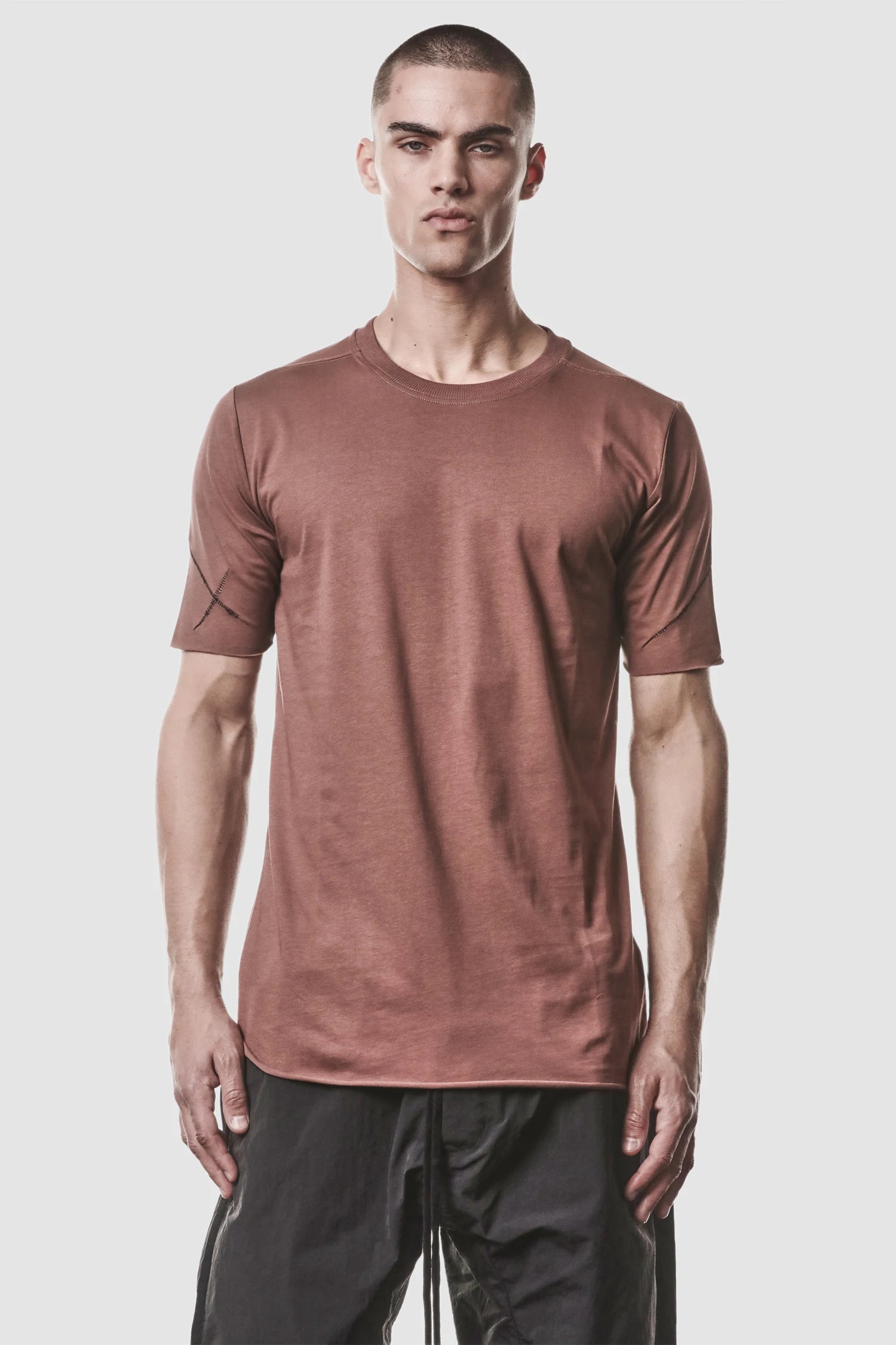 Thom Krom - model front view of men’s Red Round Neck Cotton Jersey T-Shirt