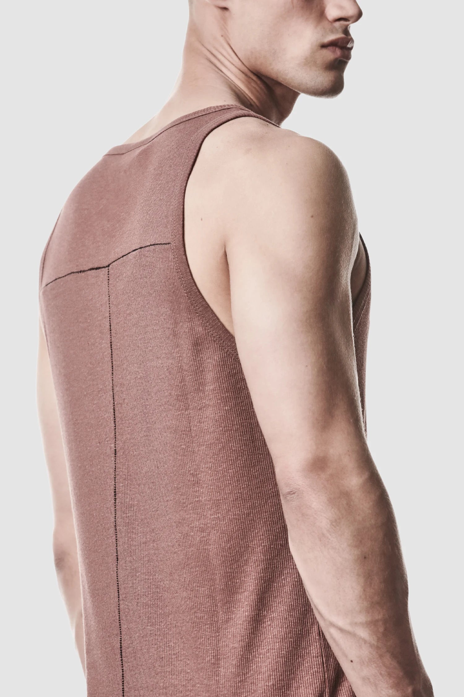 Thom Krom - model back side detail view of men’s Red Cotton-Linen Rib Singlet Tank Top