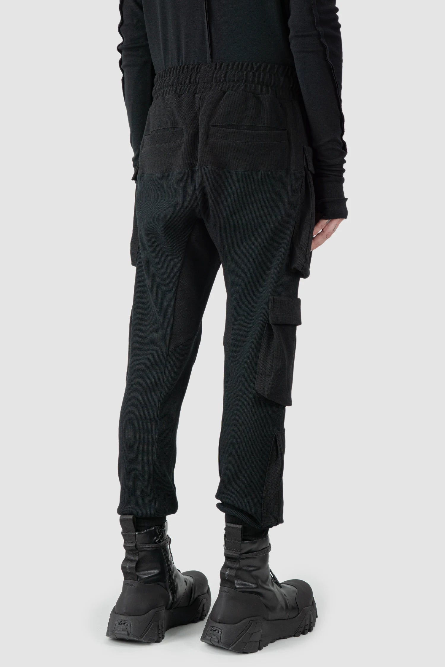 Thom Krom - model back side view of black Mixed Cotton Slim Fit Cargo Trousers - M-ST-502