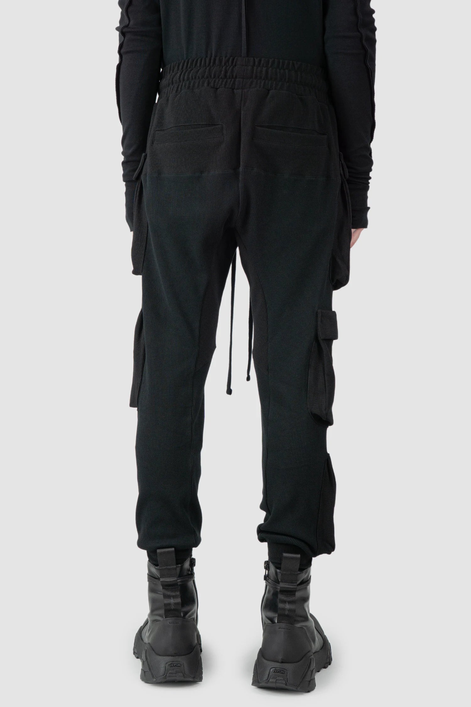 Thom Krom - model back view of black Mixed Cotton Slim Fit Cargo Trousers - M-ST-502